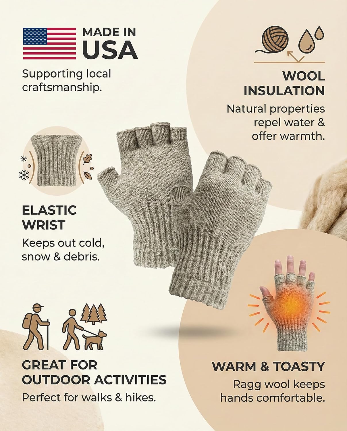 Fingerless Ragg Wool Gloves Made in the USA
