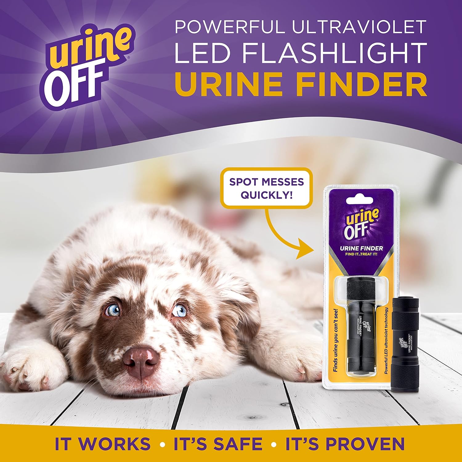 Urine Off Mini LED Light Pet Urine Finder for All Surfaces | High-Powered Ultraviolet Flashlight | Hard to Find Dog & Cat Urine Detector Light