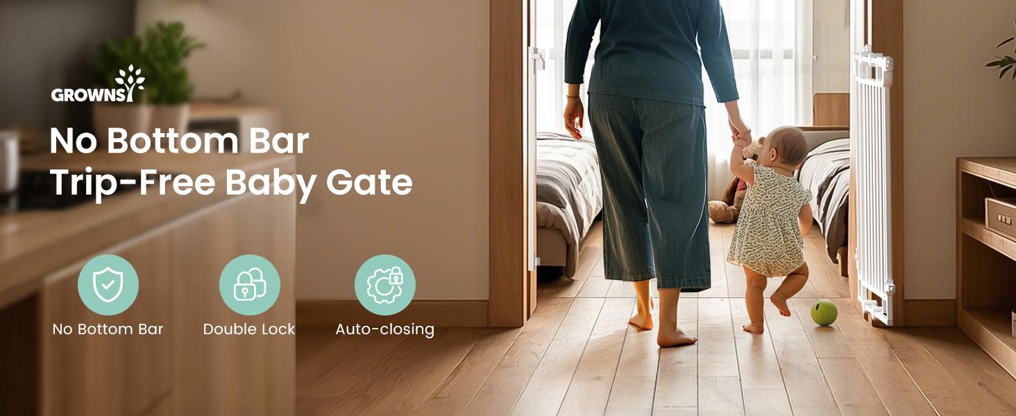 Grownsy Baby Gate for Stairs- No Bottom Bar, 29.8” to 43.5” for Child and Pet, Dog Gate with Auto-Close & One-Hand Operation, Hardware-Mounted (Drill Needed) Installation for Doorways and Indoor Use