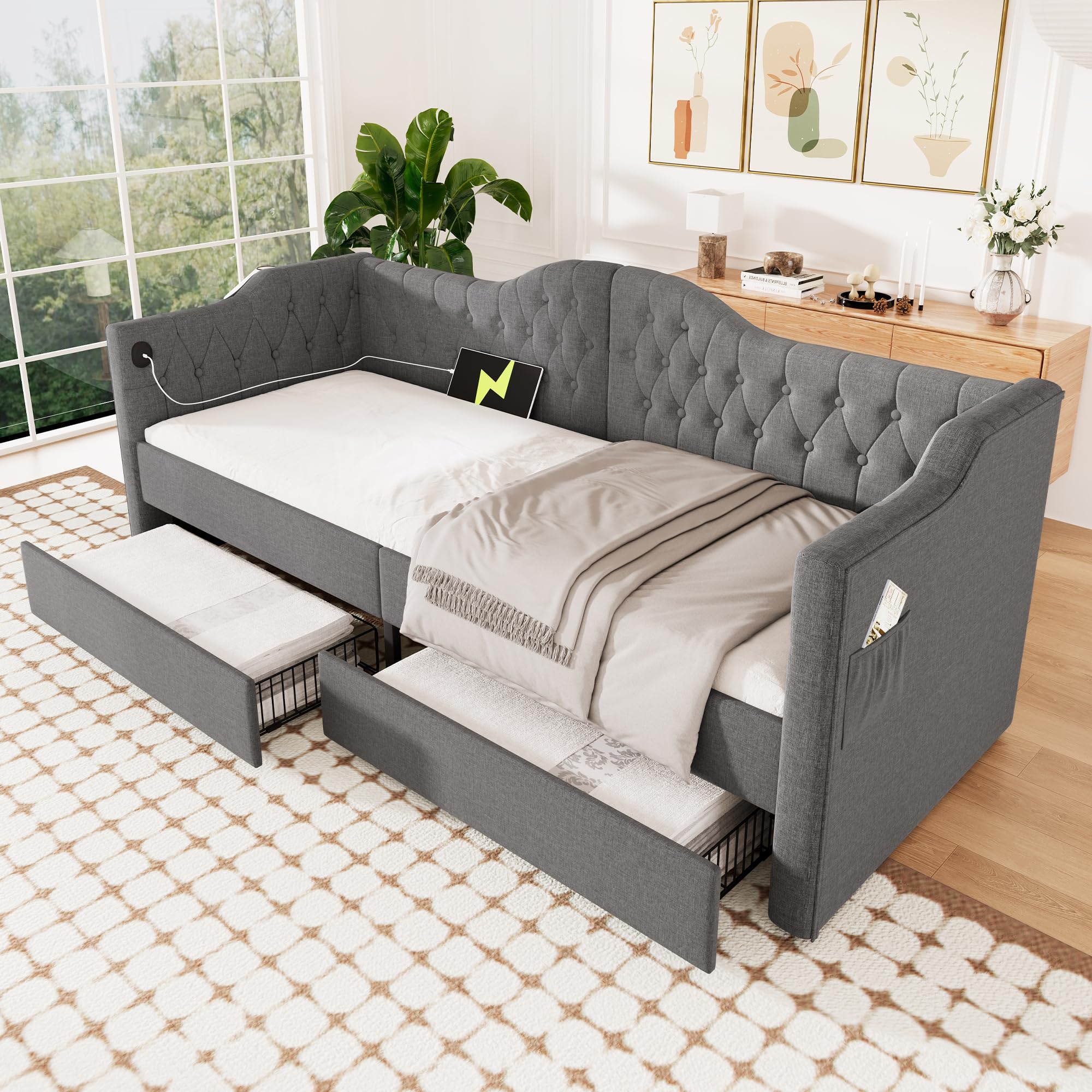 Canapé-lit 3 Places Avec Rangement - 200x90x96cm - Marron Et Blanc - Transformable En Lit Double