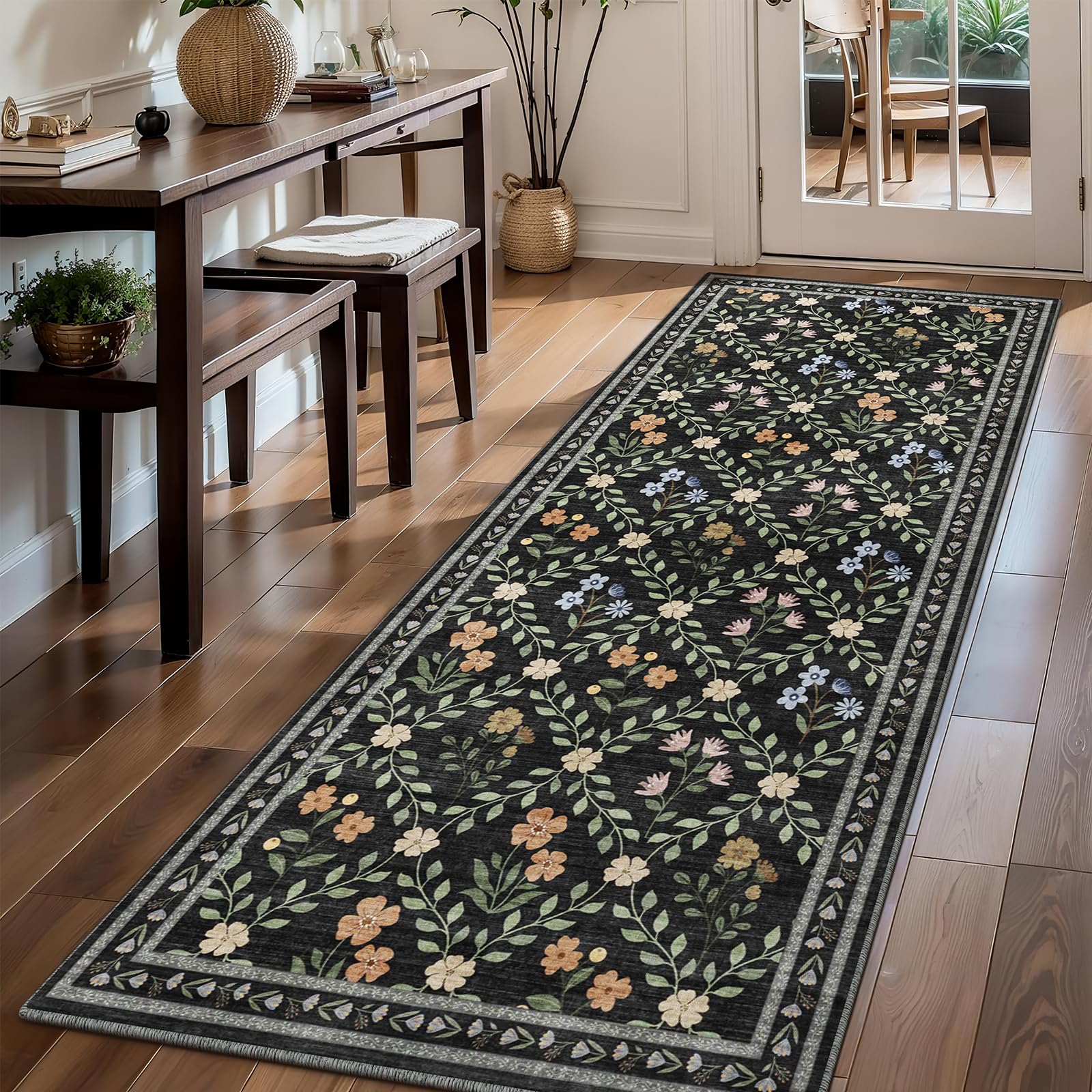 XSIVOD Floral Runner Rugs for Hallway, Washable Rugs for Entryway Kitchen Runner, Soft Vintage Area Rugs for Bedroom Living Room Rug, Non Slip Floor Carpet for Home Deocor, 60x180 cm, Black/Lattice