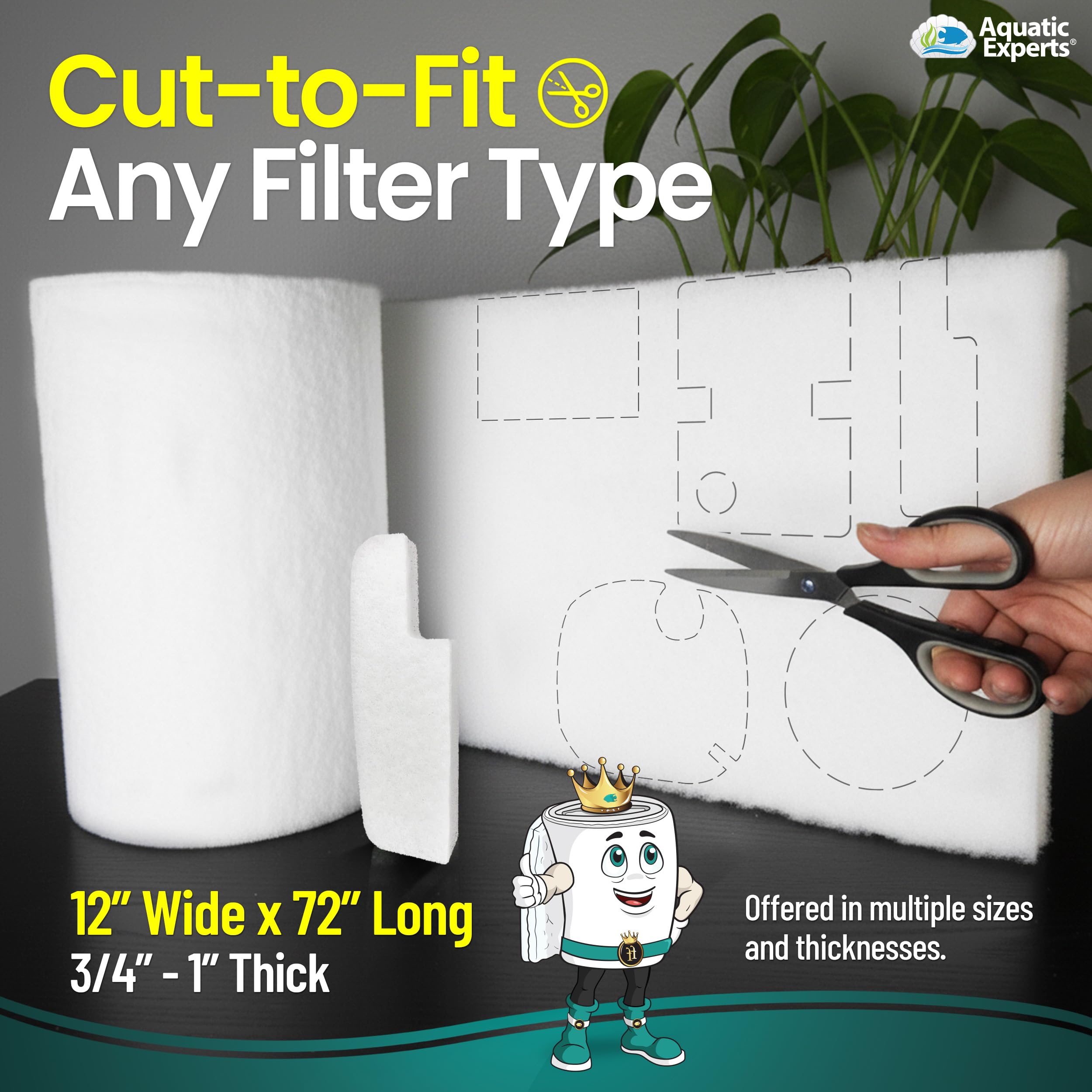 Aquatic Experts FilterFirst - Hilo de filtro de acuario para filtros de acuario, rollo de medios para agua cristalina, 3/4 a 1 pulgada de grosor (12 pulgadas de ancho, 72 pulgadas de largo)