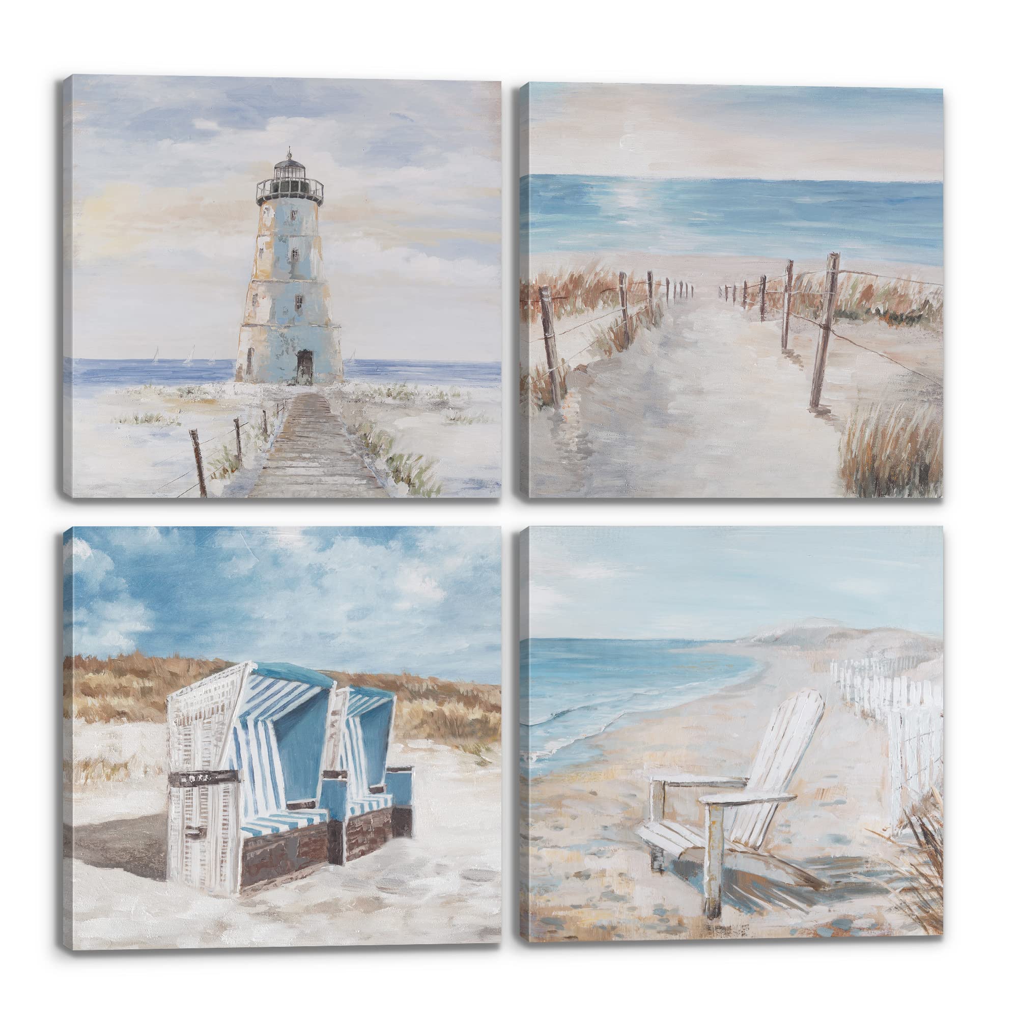 ZNZ Beach Decor Wall Art Print Modern Art 4 panels 12x12 inches Bright Color Blue Sand Beige Canvas Framed Beach Art Fresh Feeling Wall Decor Chair Fence Road Lighthouse with Partial Hand Painting with Texture Art Beach Posters for Living Room Kitchen Bathroom Bathroom Office decoration