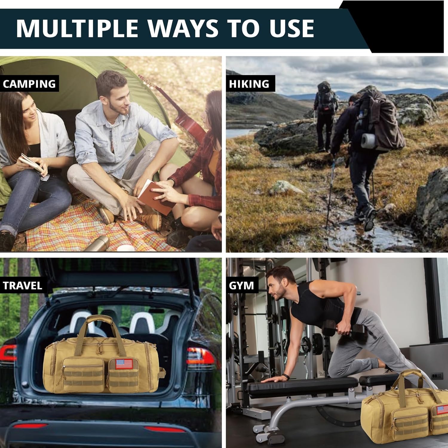 Tactical Gym Bag for Men,50L Large 3 in 1 Sports Duffle Bag with Shoes Compartment for Travel,Water Resistant Travel Backpack Weekender Overnight Bag with Wet Pocket for Women - Image 2