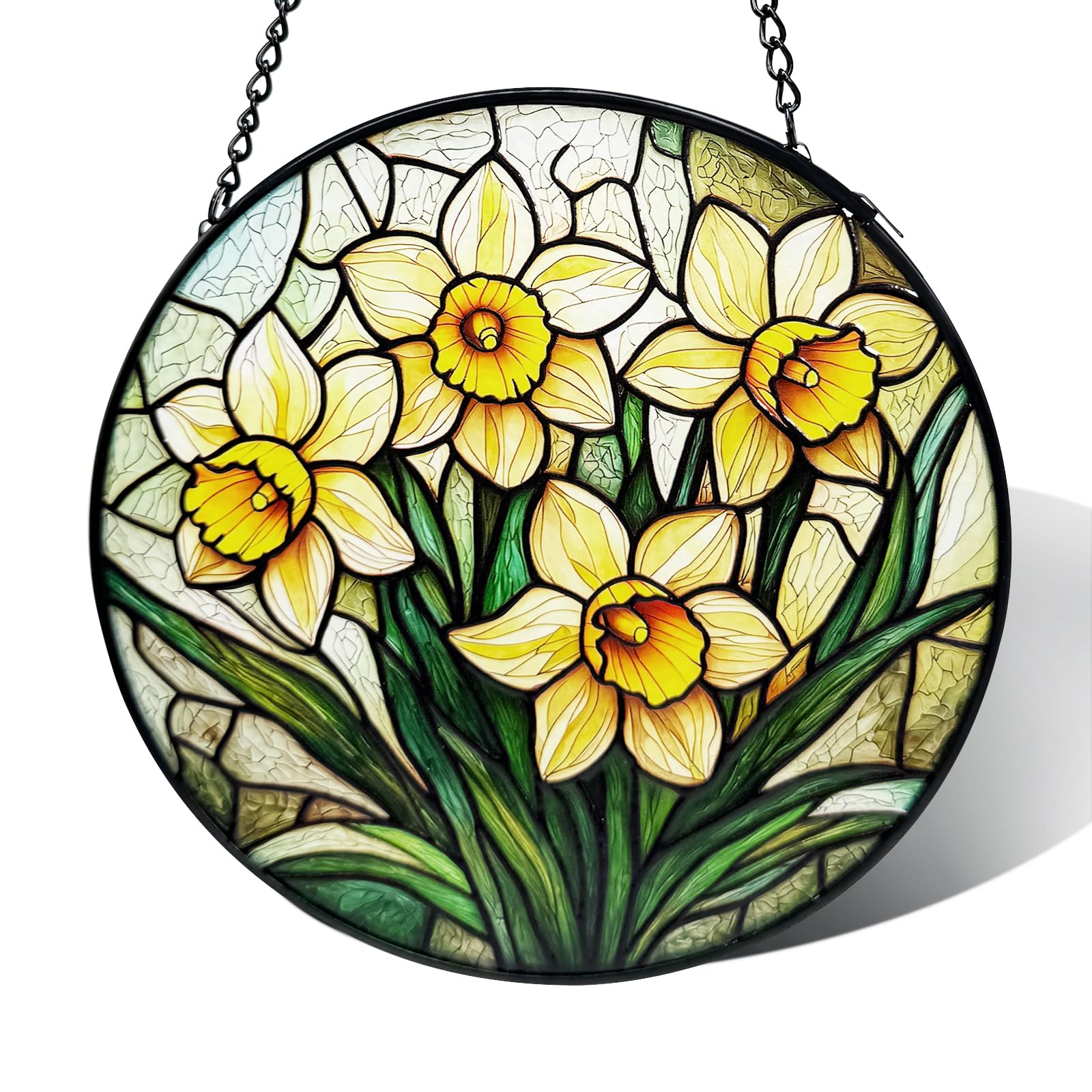 Stained Glass Window Hanging, 25cm Daffodil Flower Diamond Glass Panel Suncatcher Plant Sun Catchers for Home Garden Balcony Window Wall Decor, Gifts for Women,Mom