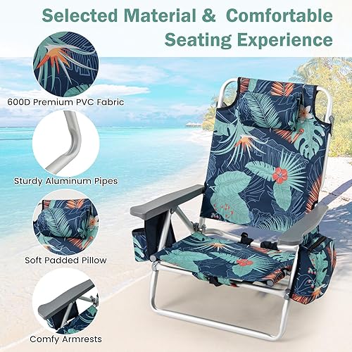 Miniatura 6 de Giantex Silla de playa plegable, sillas de patio con 5 posiciones ajustables, almohada para la cabeza, bolsa de almacenamiento, toallero,