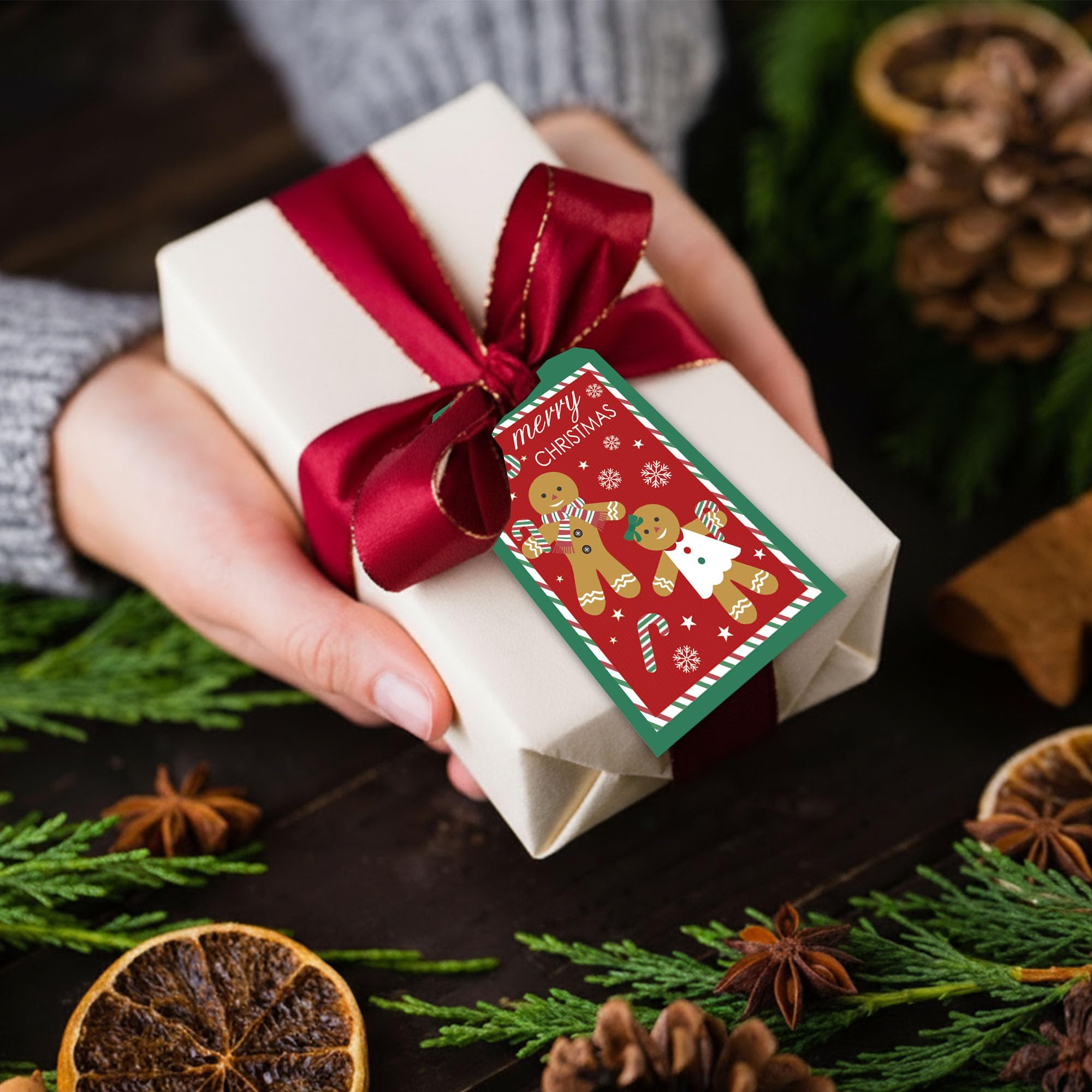 Frohe Weihnachts-Geschenk-Etiketten mit Schnur, 5,1 x 8,9 cm, Weihnachts-Schneeflocken-Papieranhänger, Lebkuchenmann-Geschenkanhänger, Urlaubsverpackung, Partyzubehör, Zuckerstangen-Druck, C01
