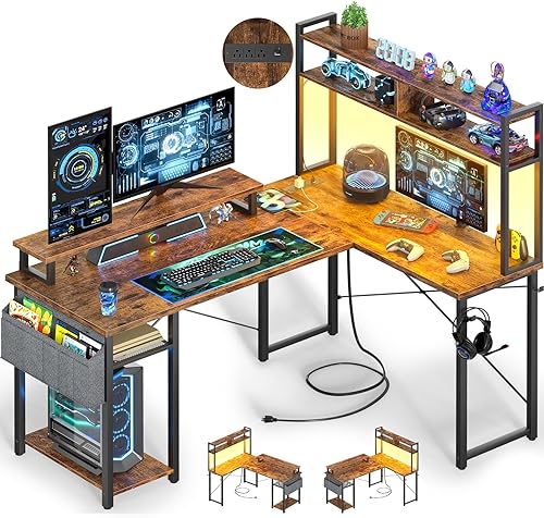 Escritorio pequeño en forma de L para juegos con tomas de corriente, escritorio LED reversible en forma de L de 48" con soporte para monitor y