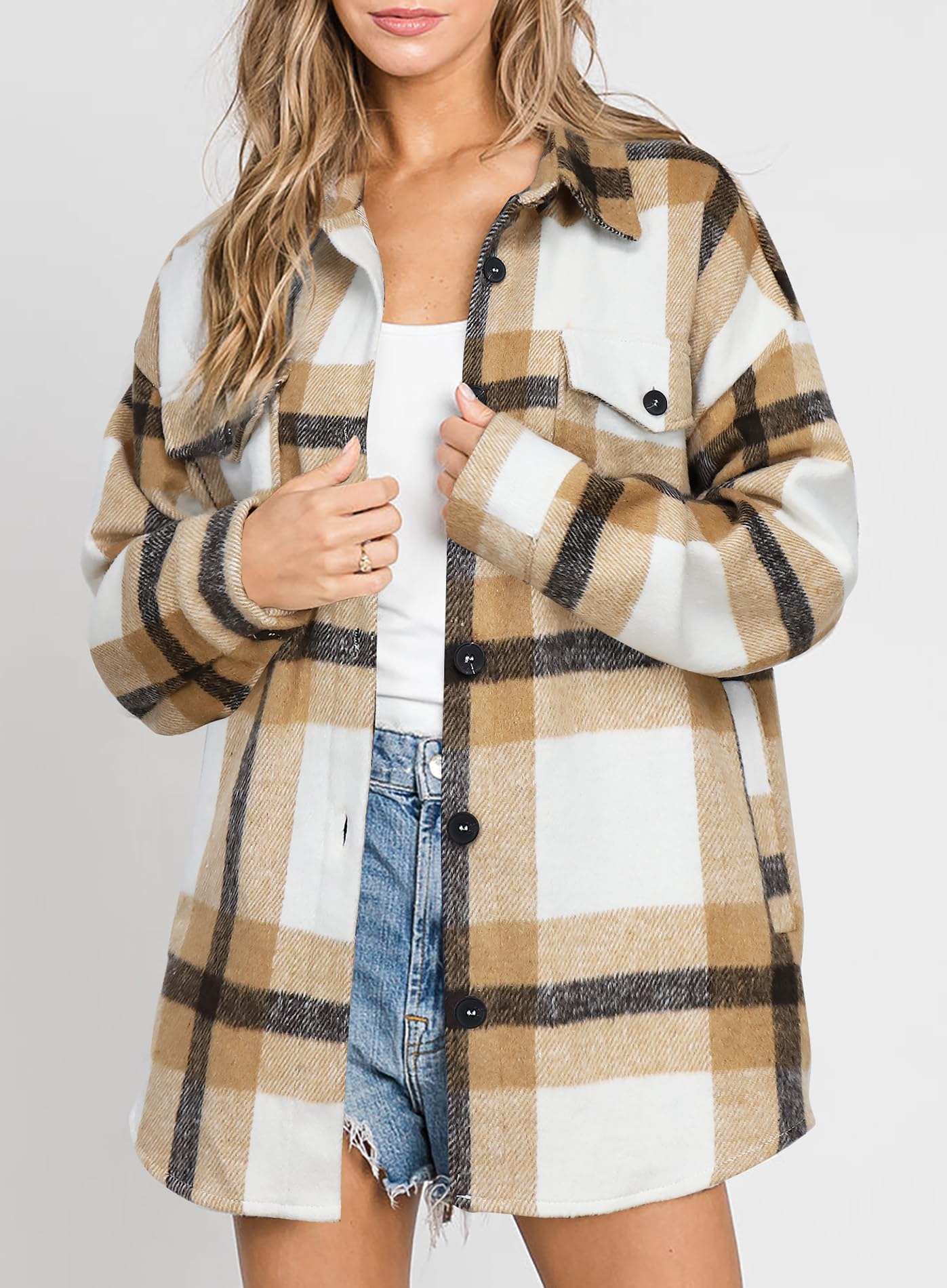 Beaully Women's Flannel Plaid Shacket Long Sleeve Button Down Shirts Jacket Coats with Side Pockets