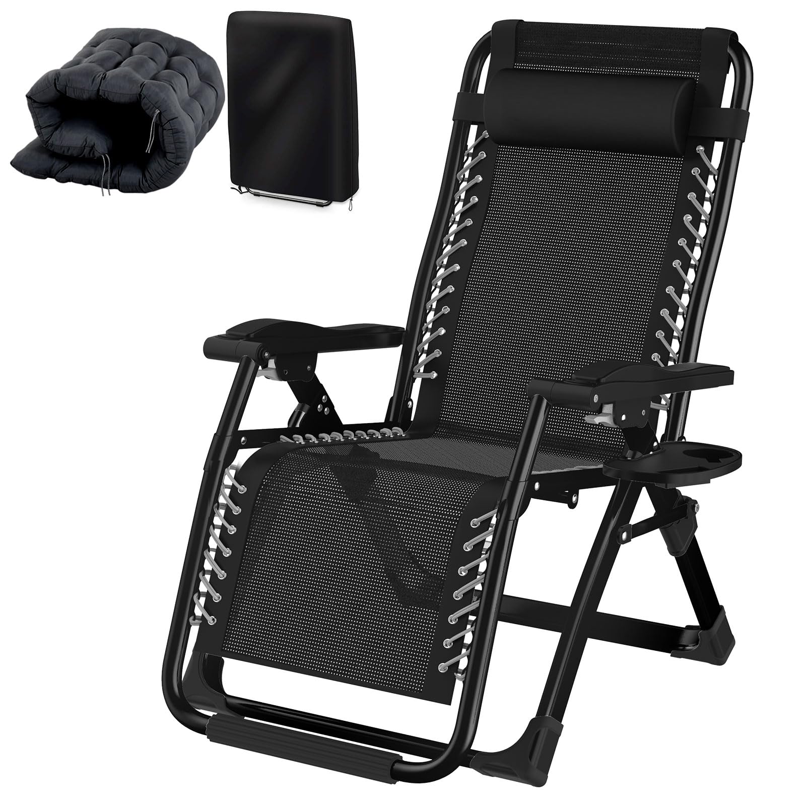 Fiutazge Tumbonas Jardin Exterior,Tumbona Plegable con Acolchado,Reposacabezas ExtraíBle, Portavasos, Respaldo Ajustable,Silla Reclinable para Patio, JardíN, Playa, Piscina,Máxima 240Kg -Negro