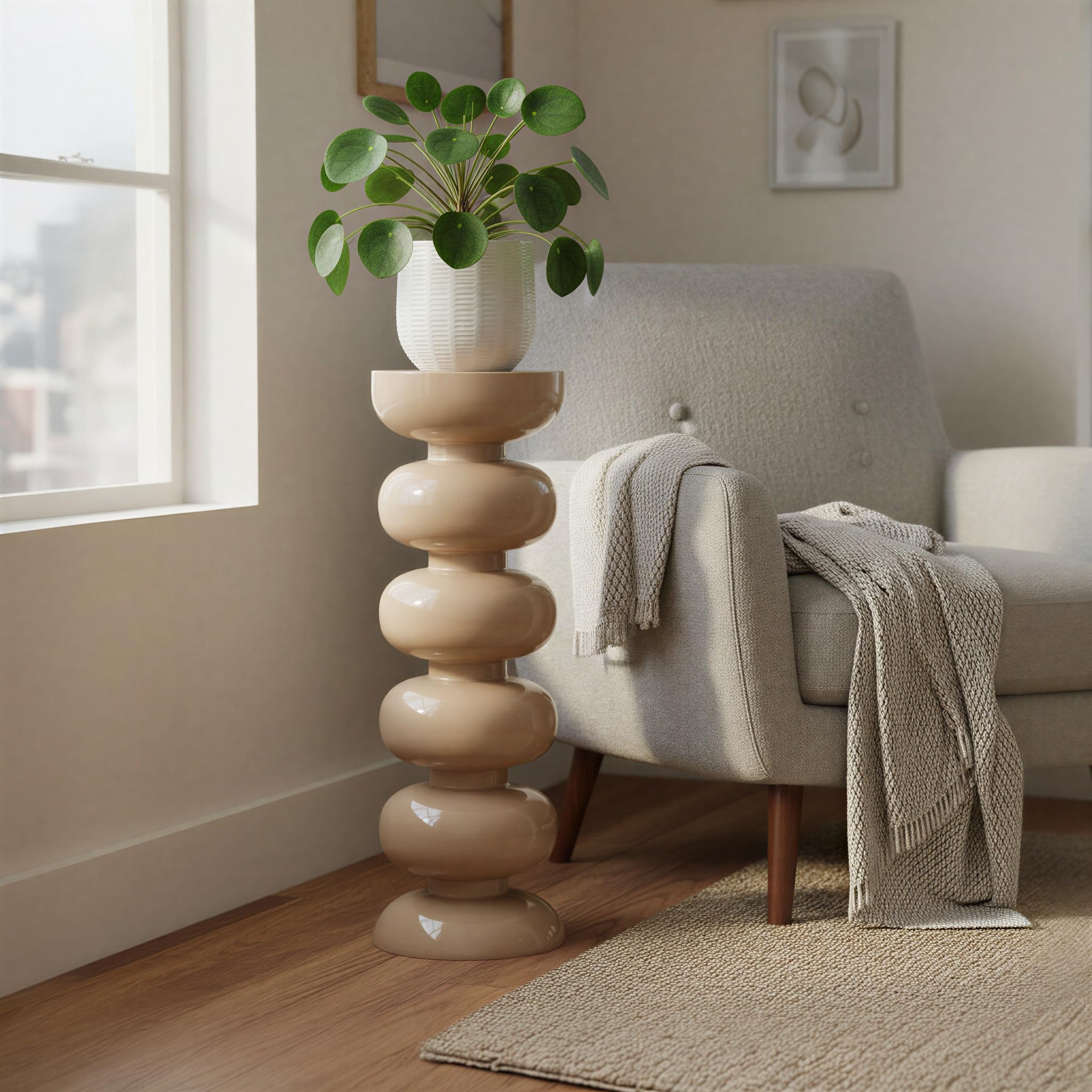 Bloomingville Round Enameled Metal Plant Stand or Martini Table, Cream