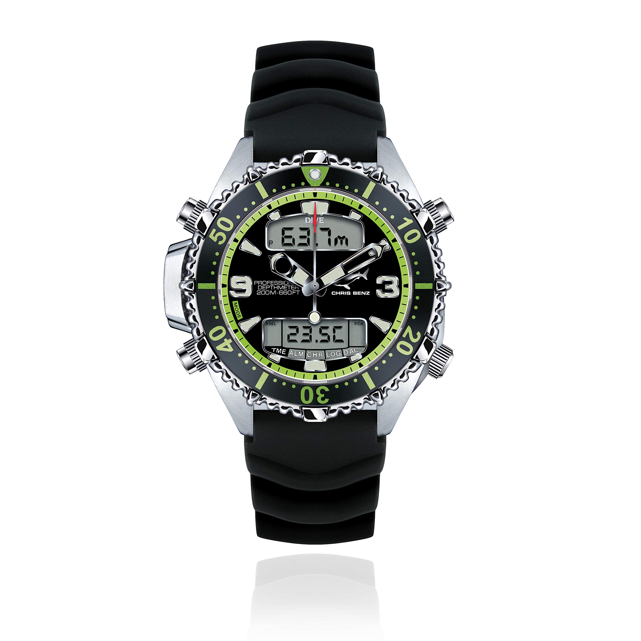 Chris Benz Depthmeter Digital 200M Taucheruhr mit schwarzem Kautschukband, Kaimangrün