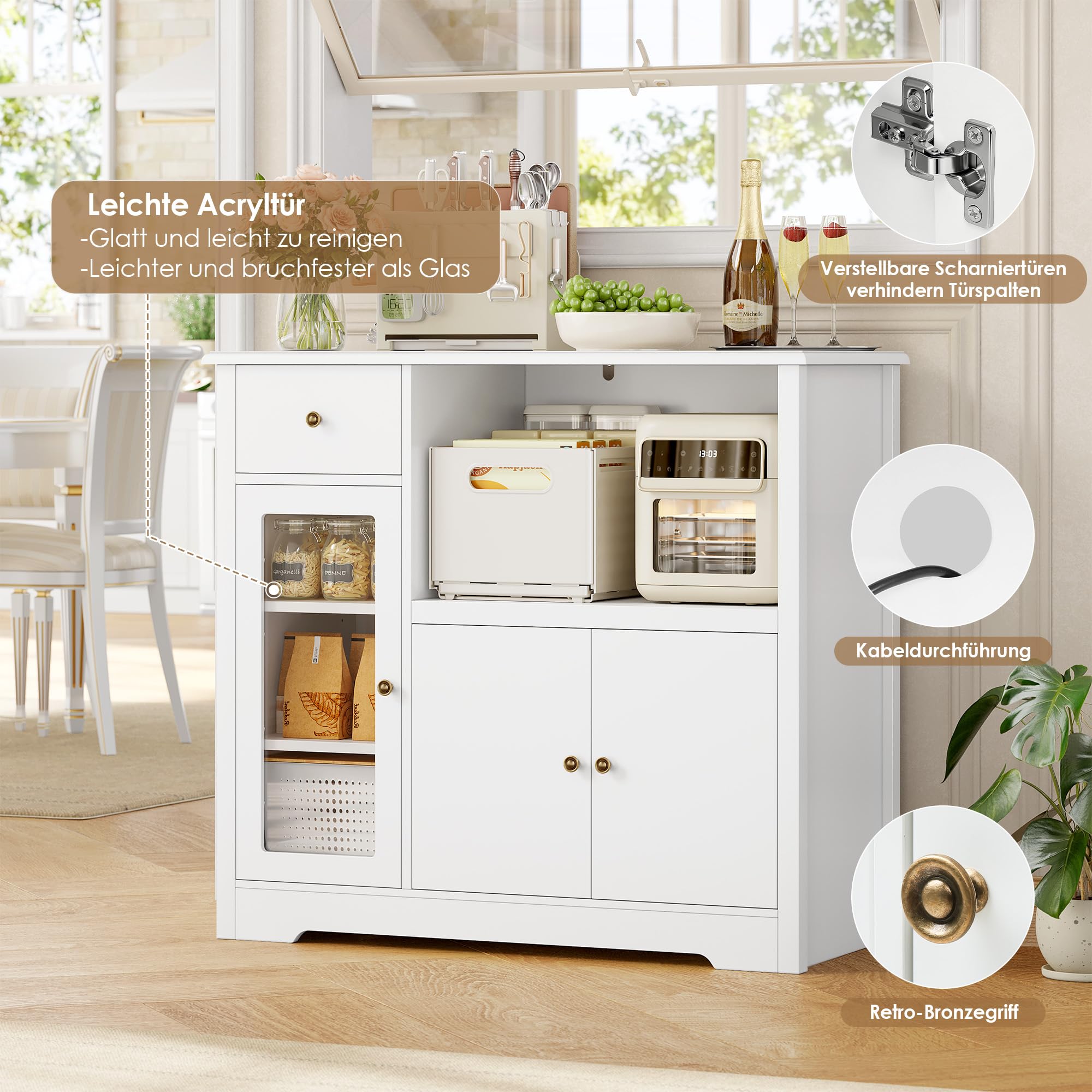 HOCSOK Küchenschrank Set, Buffetschrank mit Steckdosen & Mikrowellenregal, Sideboard Küche mit Acryltür, Hochschrank Vorratsschrank für Kaffeebar, Esszimmer, Wohnzimmer (Weiß)