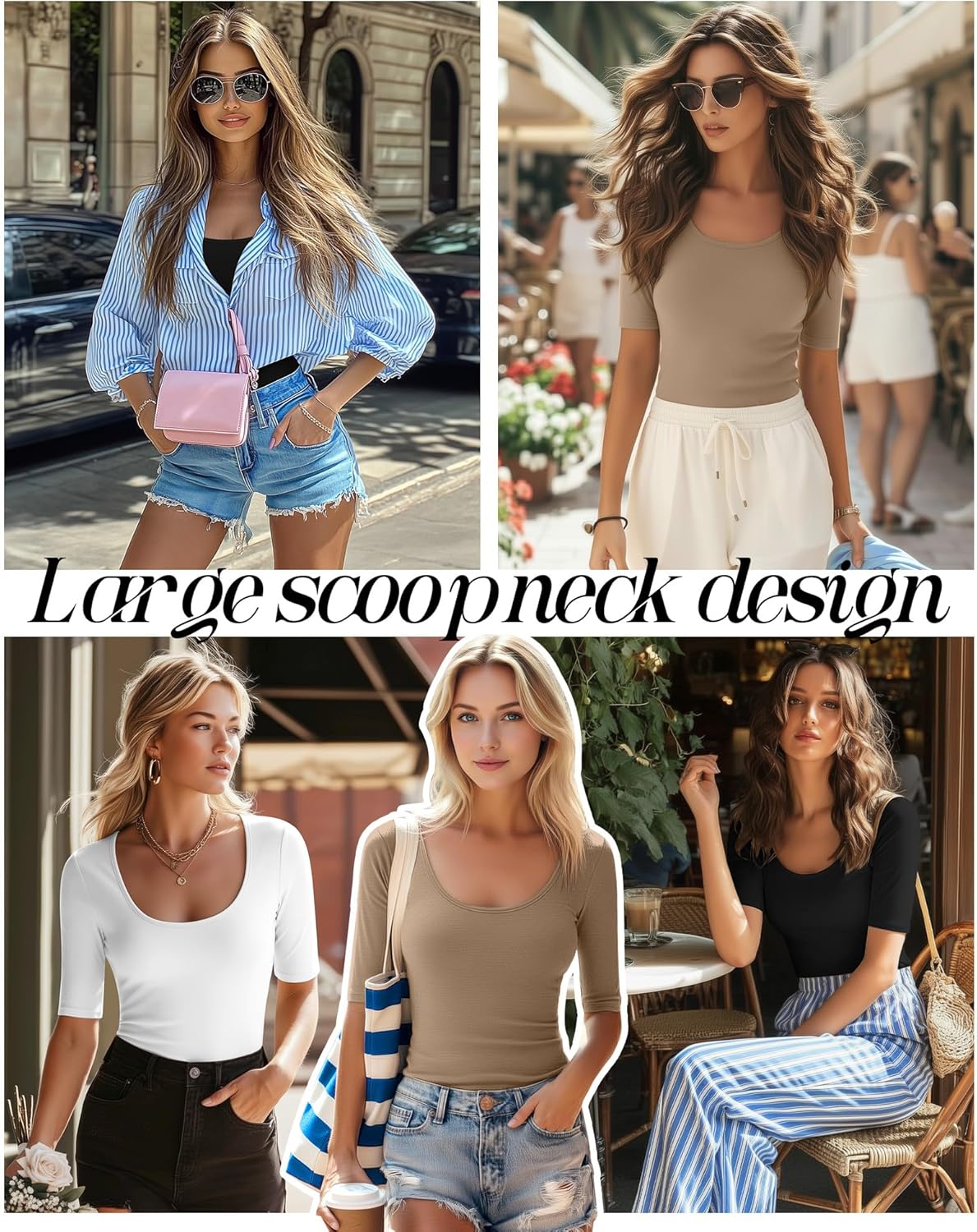 Neer 3 Pack Women's Scoop Neck Tops Half Sleeve Slim Fitted Cotton Blend Stretchy T-Shirts Tight Casual Basic Tees - Image 2