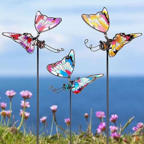 Juegoal Juego de 3 estacas de jardín de mariposas, estacas de mariposas coloridas de 20 pulgadas, adornos artísticos de vidrio y metal para patio,