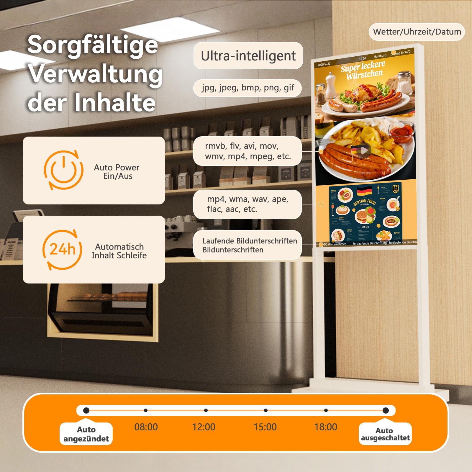 32 Zoll Digital Signage Display, 2K FHD LCD, 700 Nits | Tragbares Werbedisplay für Einzelhandel, Restaurants und Einkaufszentren mit brillanter 4K-Bildqualität und hoher Helligkeit