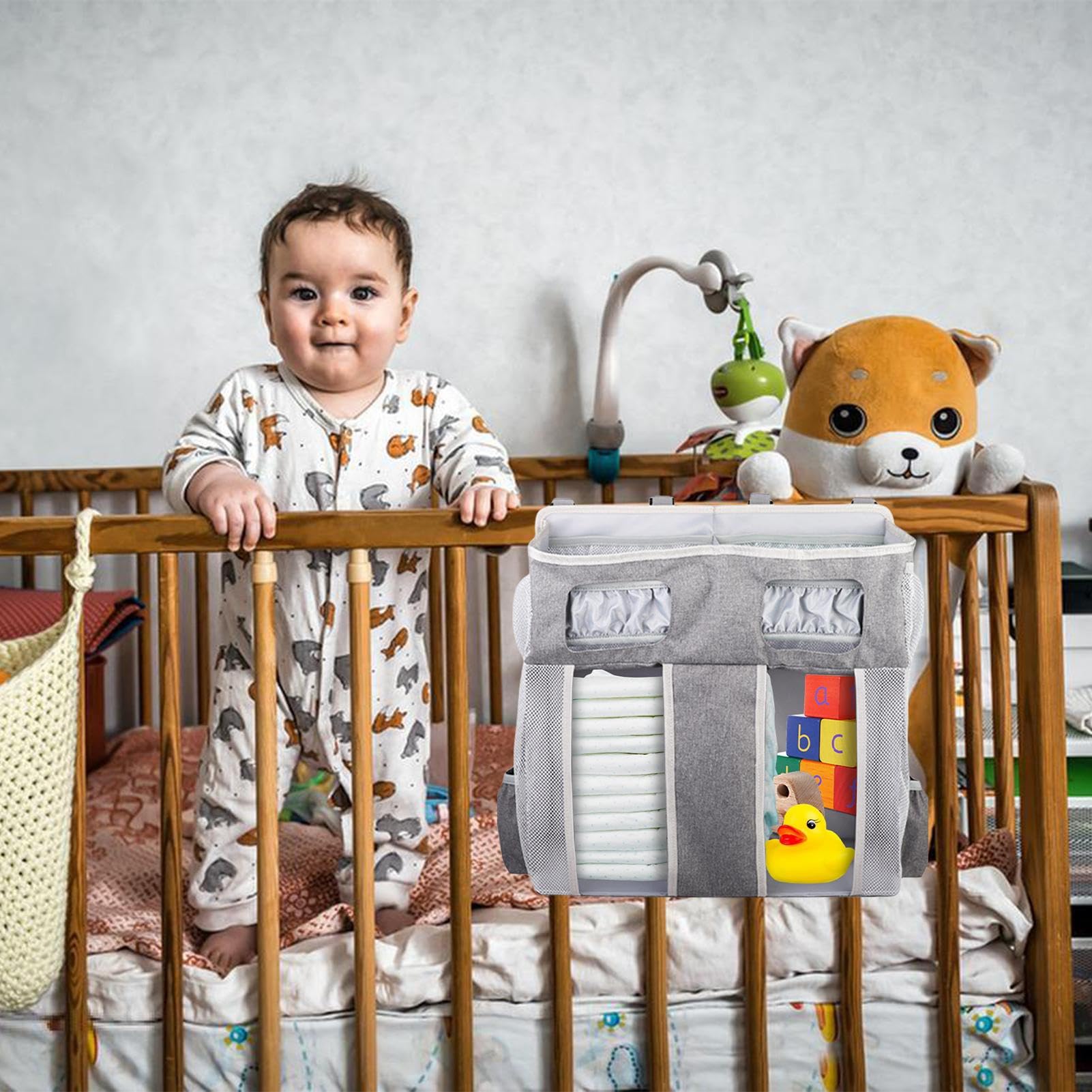 Organisateur De Chevet Poches Biberon Sac Lingettes Bavoir | Grand Sac Organisateur De Lit Bébé En Oxford Empilable Suspendu Rangement Nurserie Bébé Chevet Garçons Filles