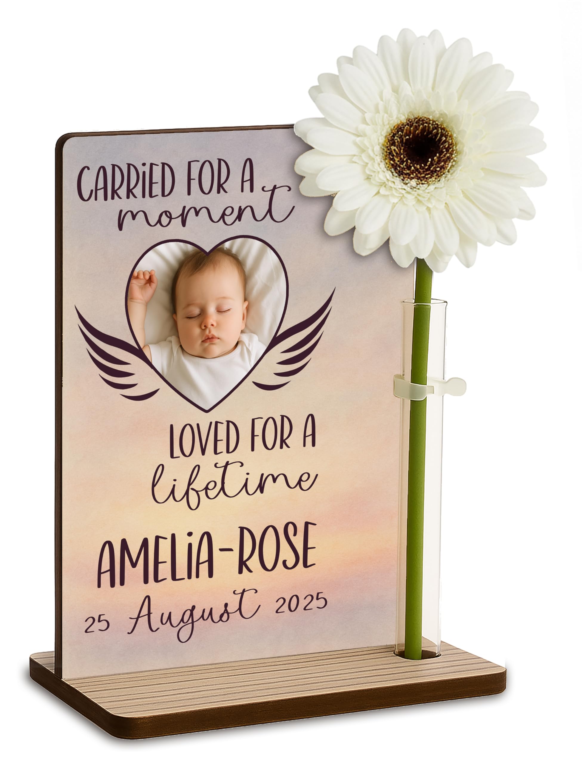 The Plum Penguin Carried For A Moment… (Photo) Personalised Baby Loss Memorial Wooden Plaque With Artificial Flower Miscarriage Remembrance Angel Baby Keepsake Ornament Gift (Carried For A Moment… (Photo))