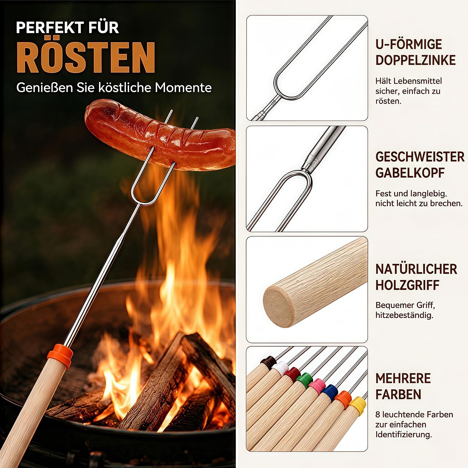 8 Stück Grillspieße Edelstahl, 31-81cmTeleskop Marshmallow Bratstäbe, Roasting Sticks, Lagerfeuer Spieße Lang mit isolierten Griffen für Camping,Gartenparty, Grillparty