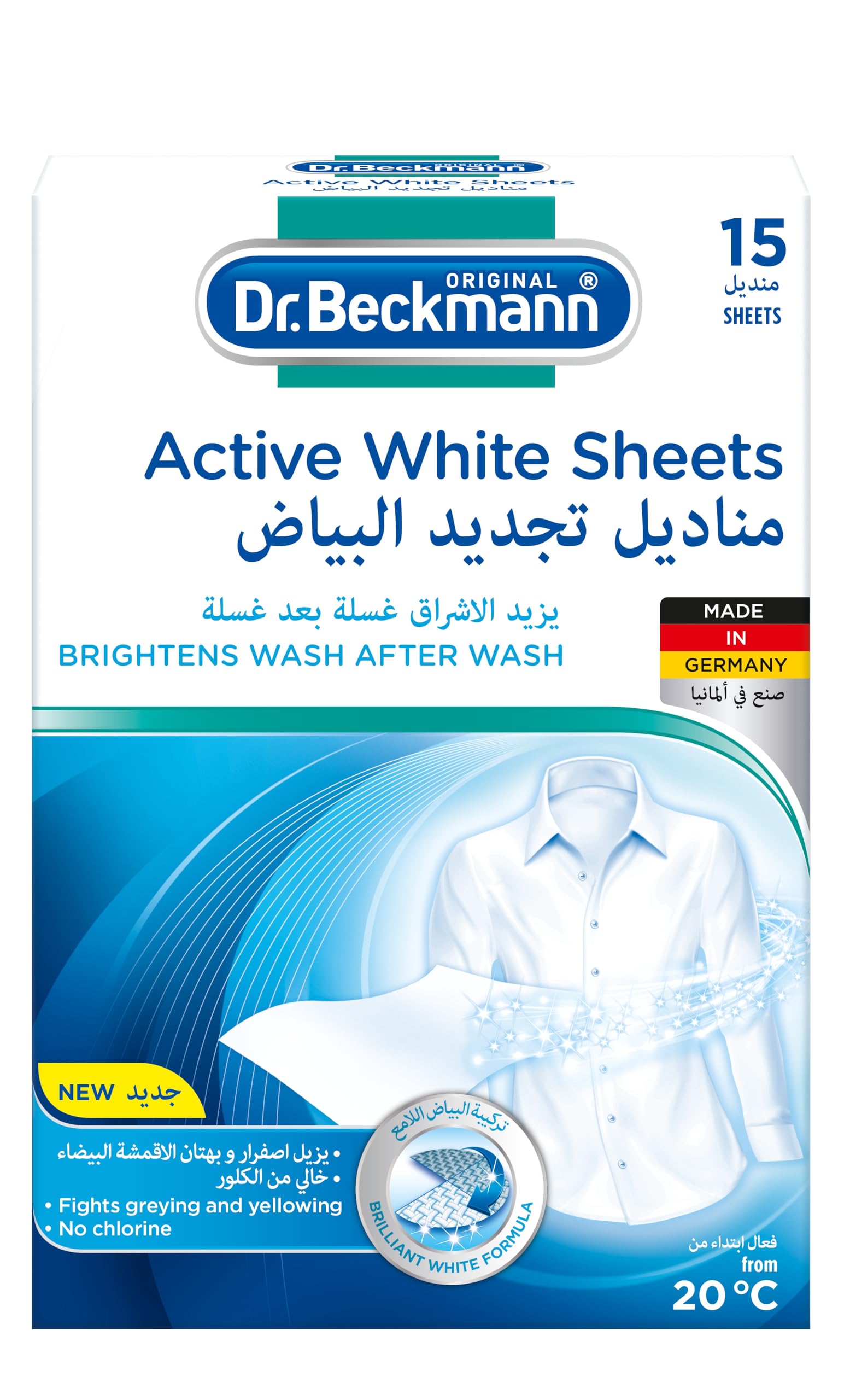 Dr. BeckmannActive White Sheets with Brilliant Formula|Brightens Wash after Wash|Fights Greying & yellowing of Cloths|Home&Laundry Cleaning Essentials|Long lasting bright white-15 Sheets Packet