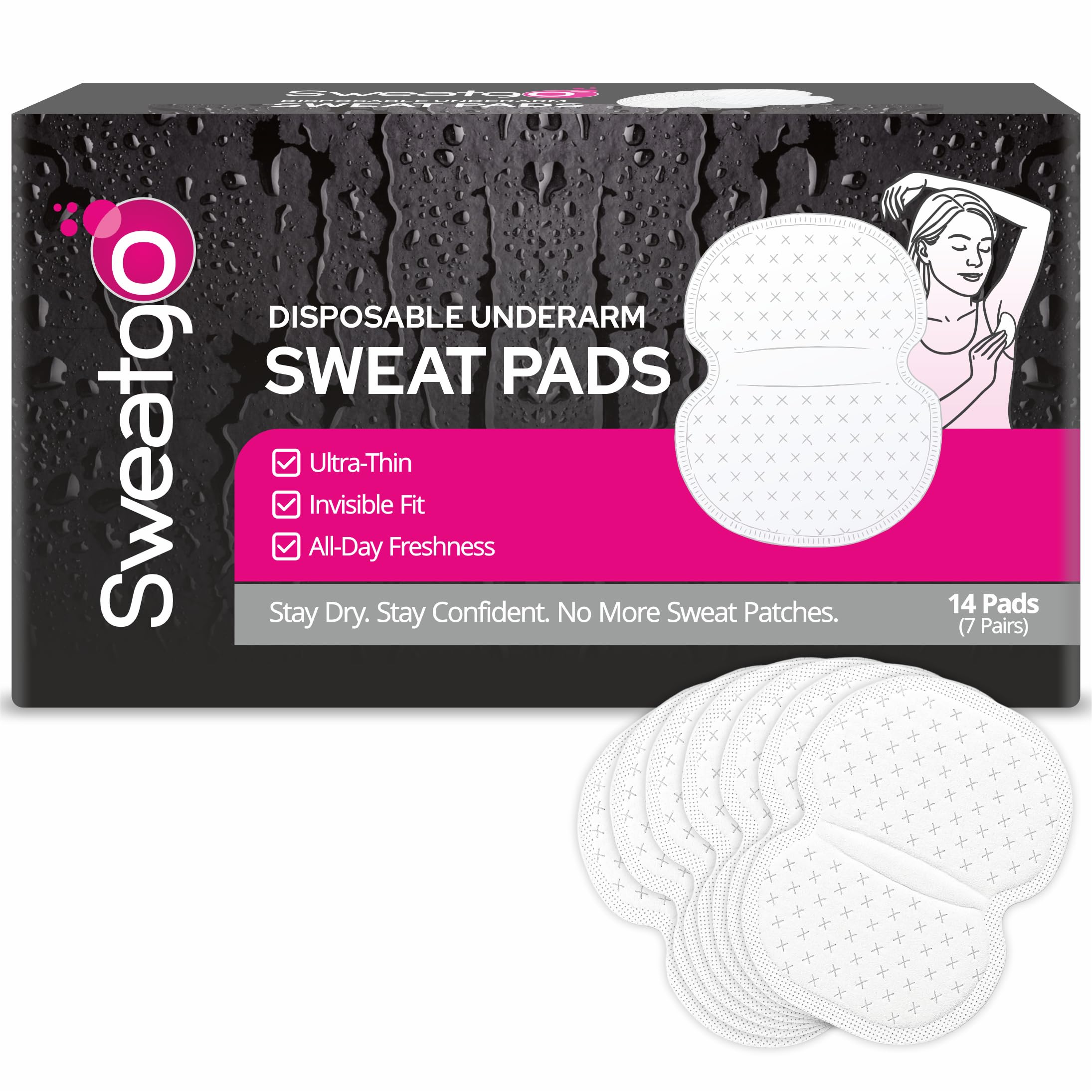 Sweatgo Disposable Underarm Sweat Pads for Men & Women - (7 Pairs) 14 Pads Folded | Ultra-Thin | Peel & Stick | Absorbs Sweat | Breathable | Deodorizing | Stain Proof