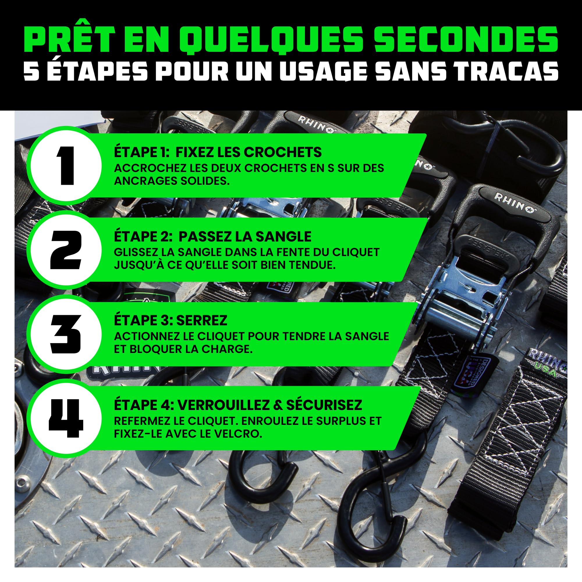 Kit de sangles à cliquet robustes Rhino USA (4 pièces) – 4 cm x 2,4 m (résistance à la rupture de 2 000 kg) – Sangles d'arrimage avec crochets en S pour quads, motos, chargements et plus encore – Noir