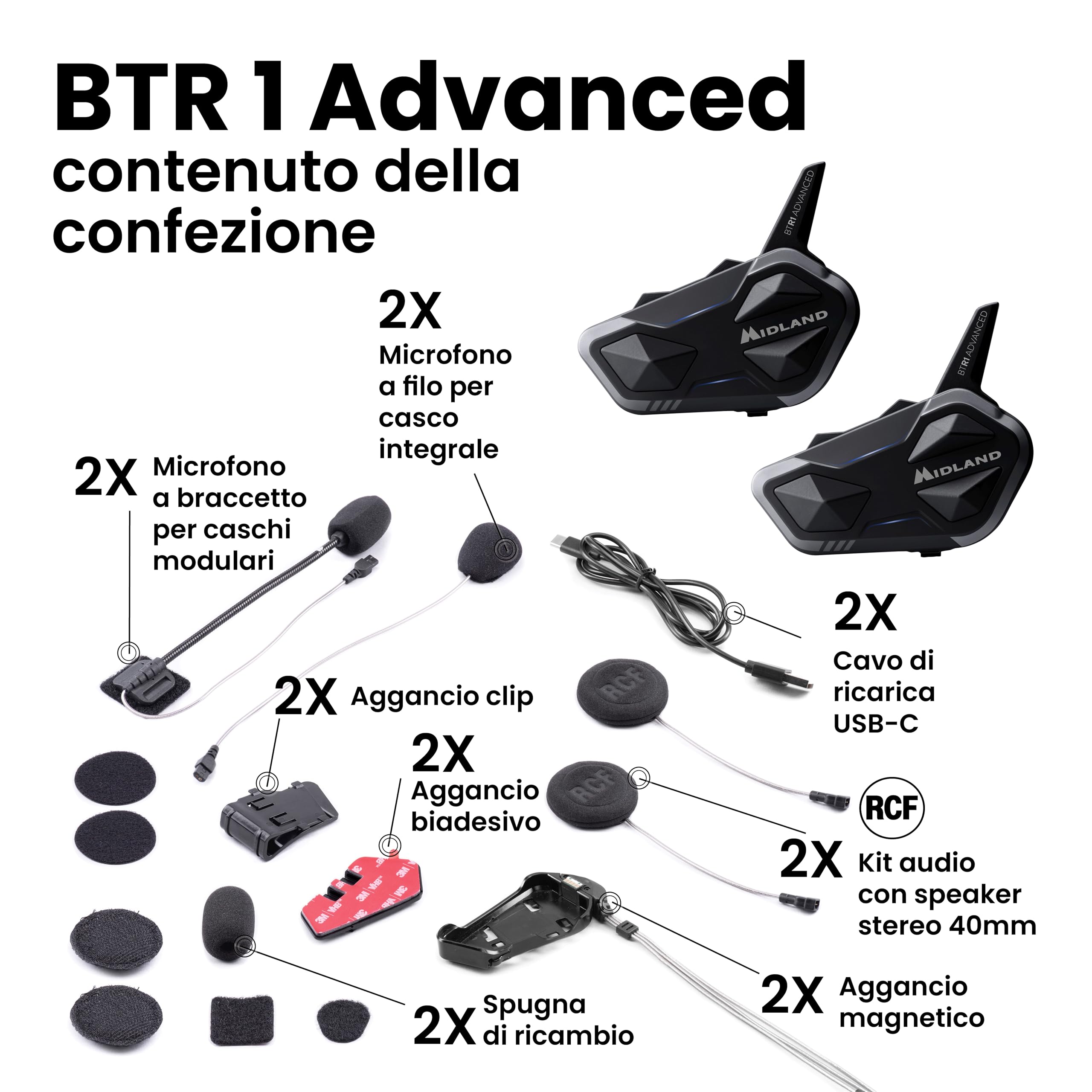 Midland BTR1 Advanced Twin Interfono Moto Bluetooth Impermeabile IPX6 1,2km 4 Persone Conference Batteria 23h Audio HD