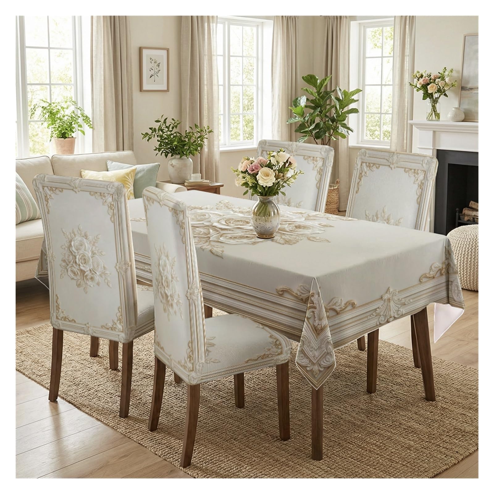 KXUAUV Elegant Baroque Rose Print Stretch Dining Chair Covers & Tablecloth Set, 5/7 Pack Party Decor(5pcs Set: Tablecloth+Chair Covers)
