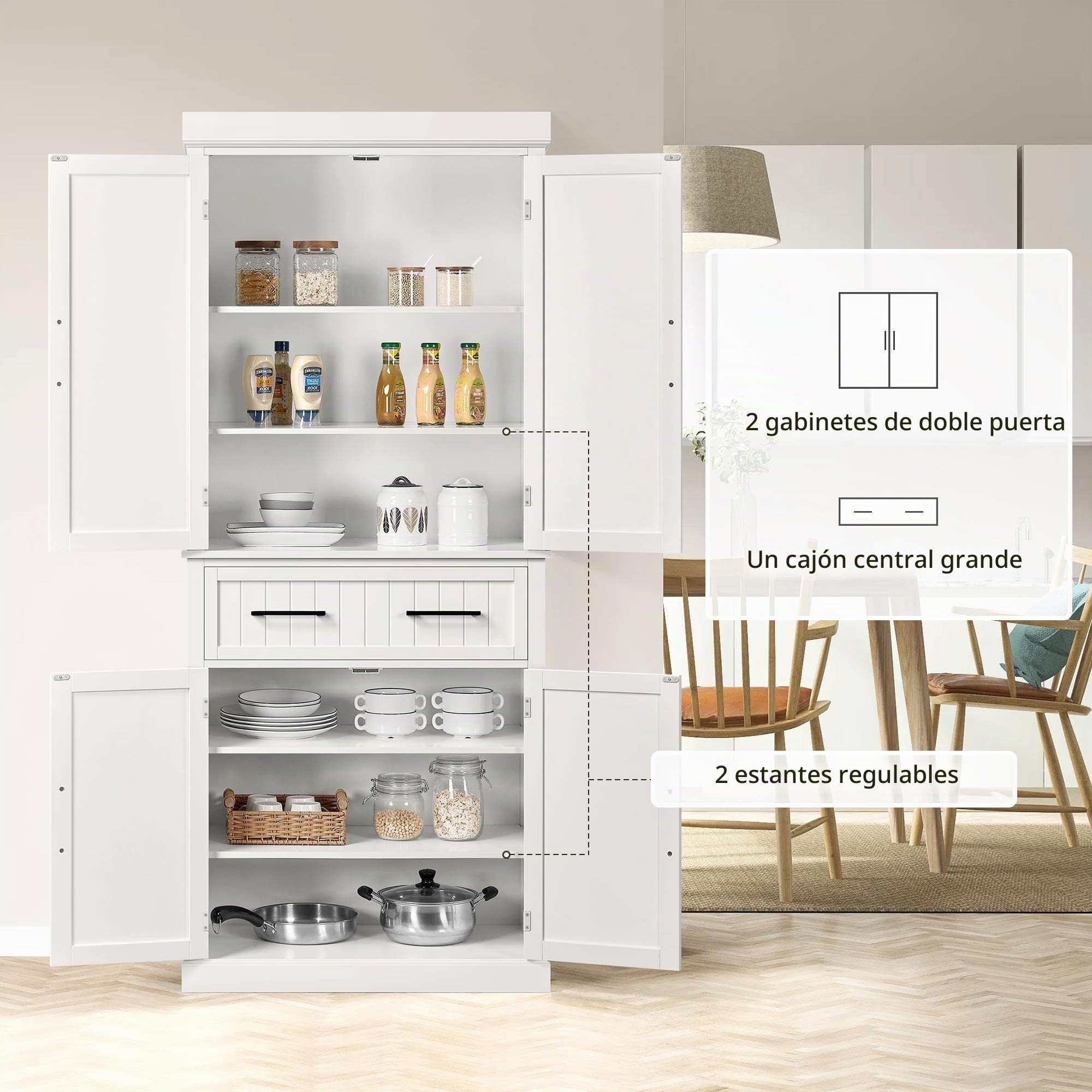 Yaheetech Armario de Almacenamiento con 4 Puertas y 1 Cajón, 183.5x76.5x40.5 cm, 2 Estantes Ajustables para Cocina, Salón y Entrada, Blanco