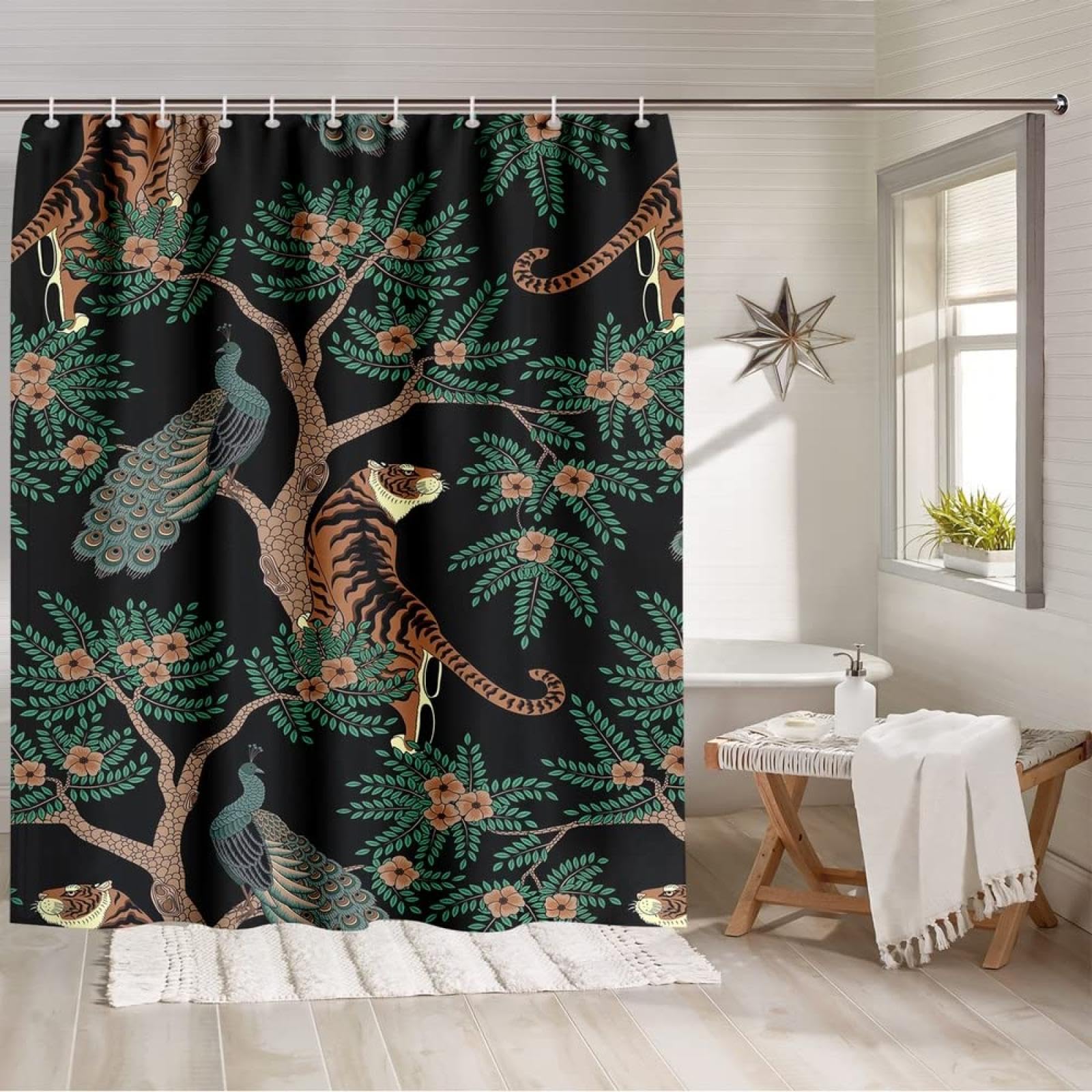 Auwuua Boys Multicolor-4 Tiger Peacock Shower Curtain For Bathroom Decor 61X79in-155X200cm Retro Dark Green Wildlife Plant Floral Bath Curtains For Kids Girls Teens, Bohemian Waterproof Polyester Fabric
