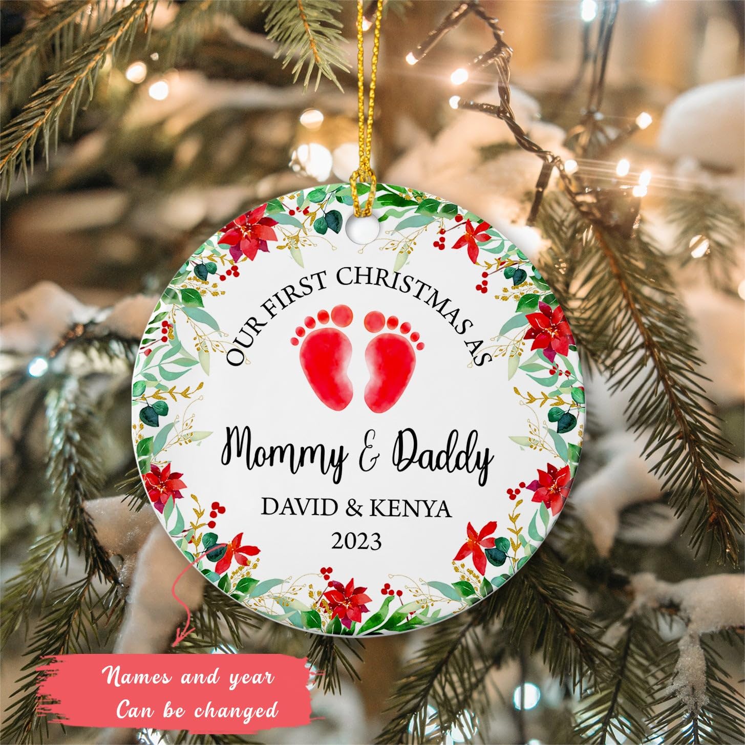 Our First Christmas As A Family Of Three Ornament 2026, Personalized Family Of 3 Christmas Ornaments Gifts For Baby New Parents, Photo Family Ornament Xmas Tree, Keepsakes Decor Custom Names