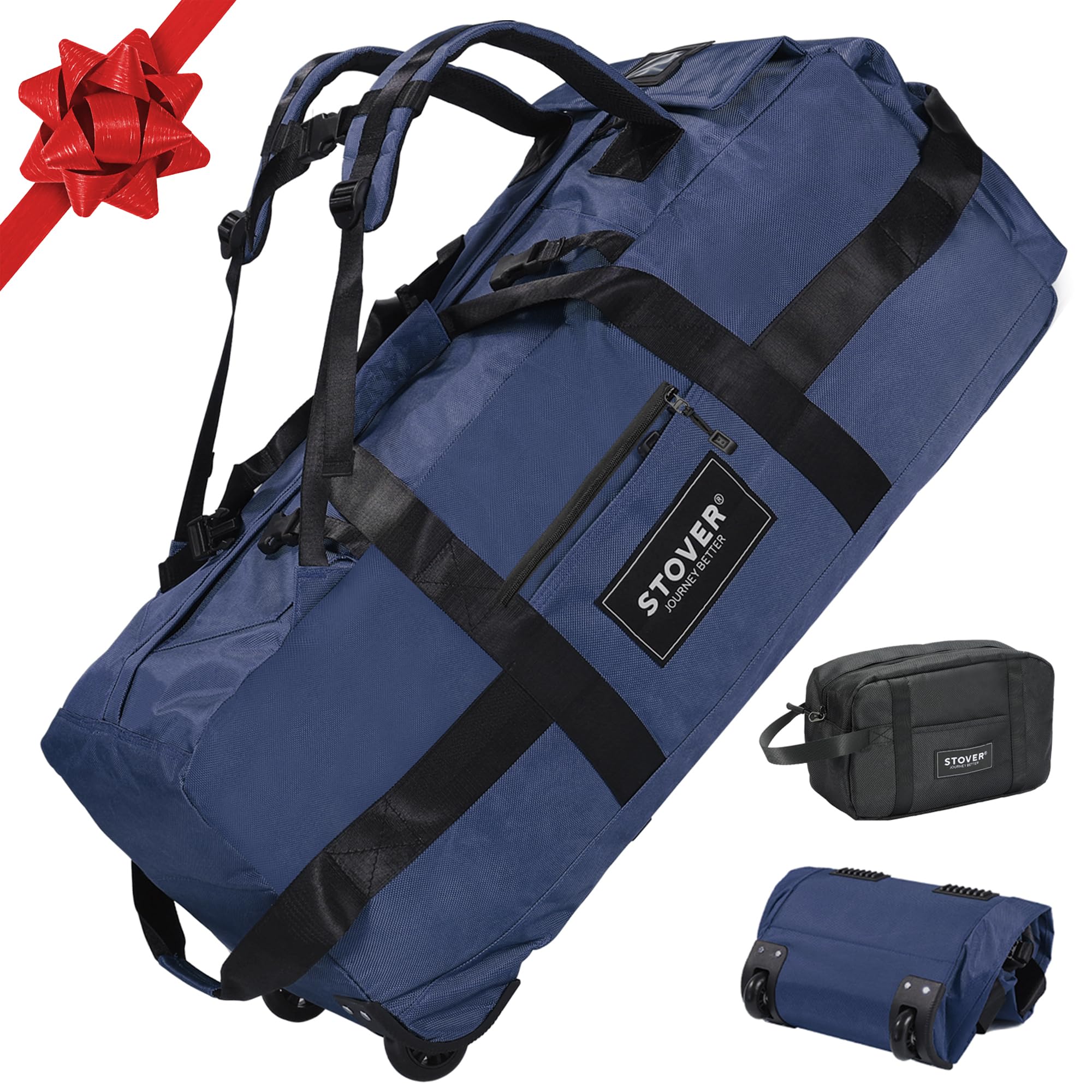 STOVER 80L Rolling Duffel Bag with Wheels, Large 31 Inch Durable Travel Duffle + Toiletry Bag, Heavy Duty, Packable, Foldable w/Shoulder Straps- Use as Luggage or Backpack, Men/Women (Blue)