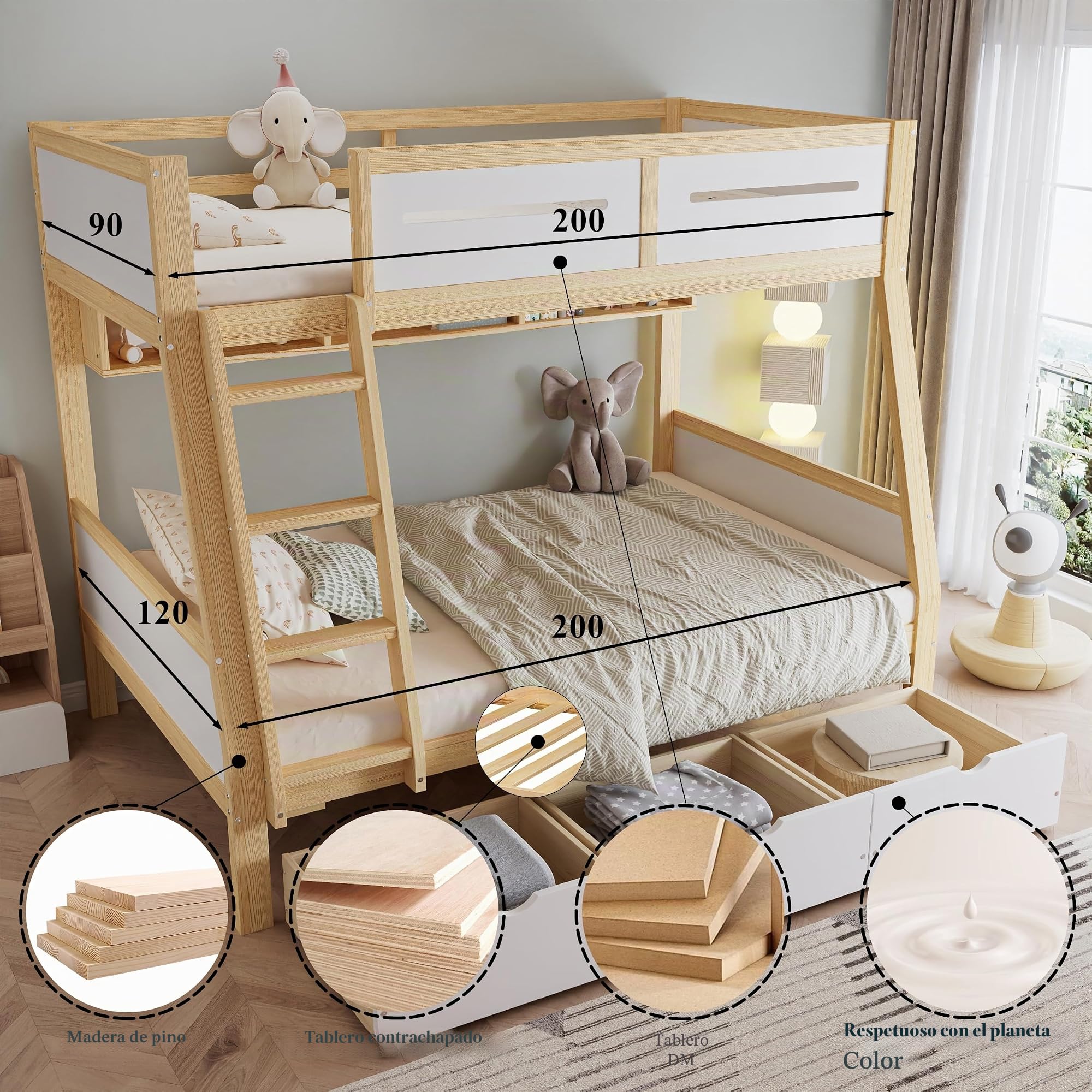 Soweiz Litera, cuna de 90 x 200 cm y 120 x 200 cm, tres cajones con ruedas, soporte para libros de imágenes de 2 m, cercado seguro de cuatro lados y escalera, pino + MDF + madera contrachapada, color
