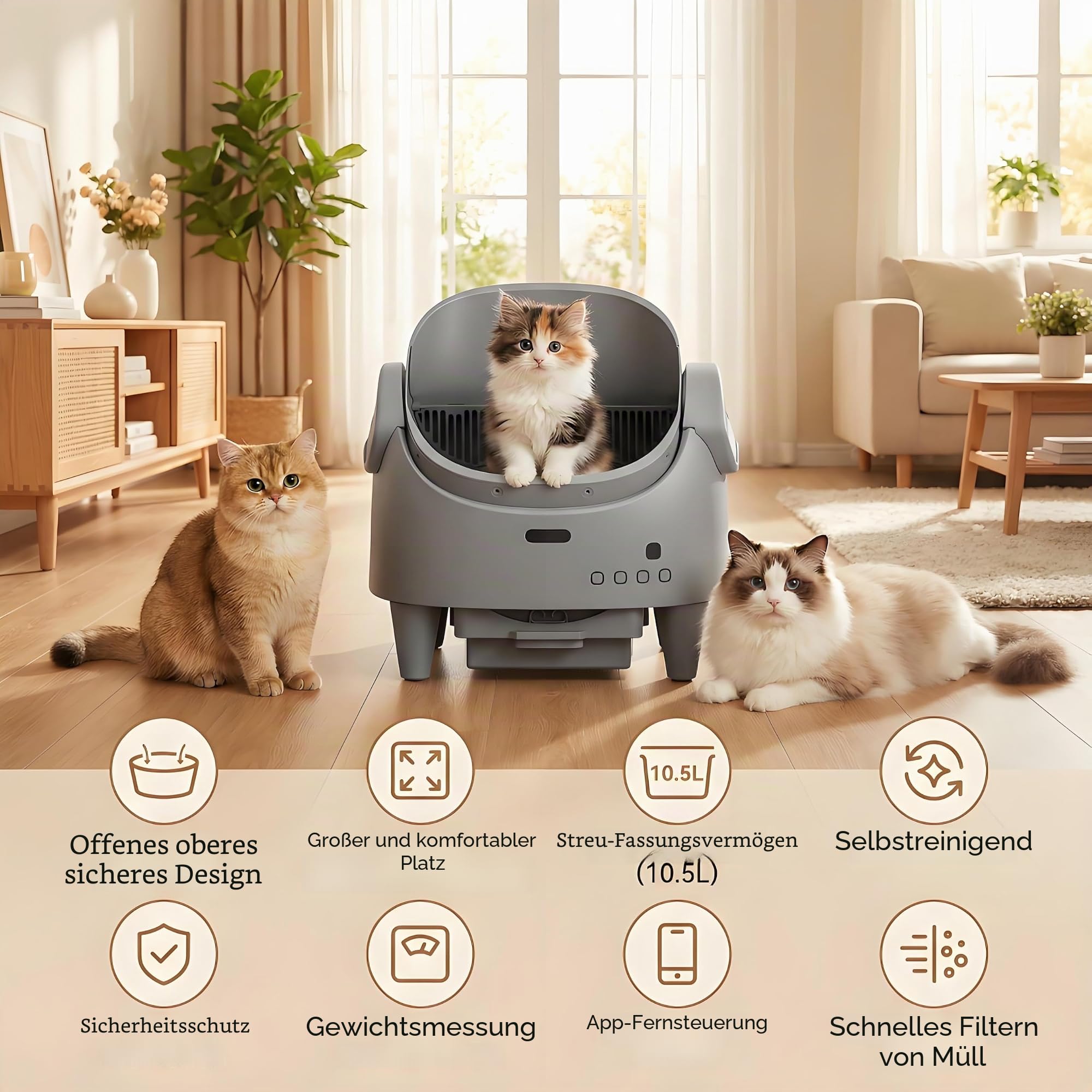 Katzenklo Selbstreinigend Xxl Offenes Design, App-Steuerung 15-Fach Sicherheit, Höhenverstellbarer Einstieg, Extra Großer Geruchsversiegelter Abfallbehälter, Ideal Für Mehrere Katzen