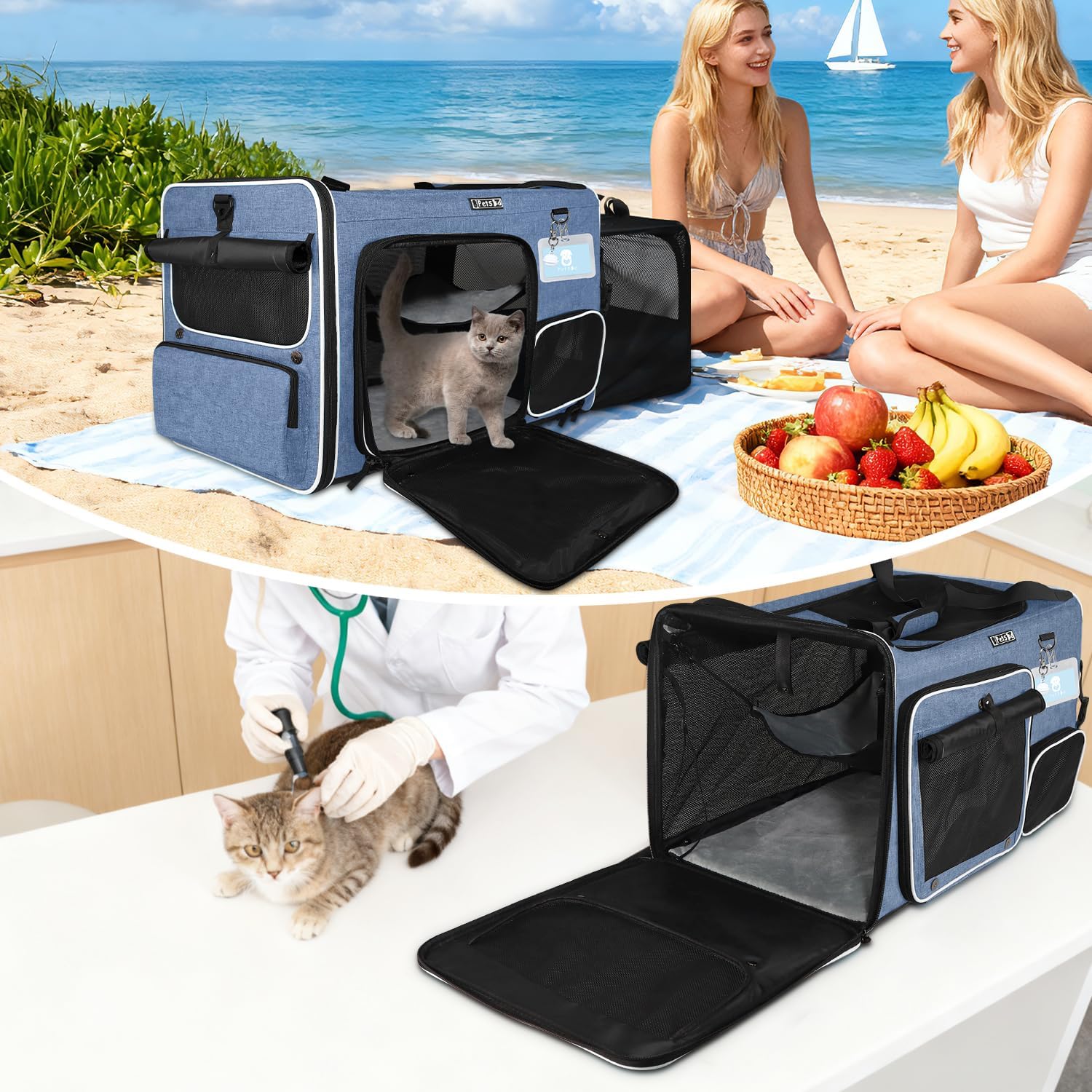 Petskd Side Expandable Extra Large Cat Car Carrier with Collapsible Litter Box for Long Distance Travel,24"x17"x17" Portable Soft Sided Pet Carrier with Roller Shades for 2 Cats Up to 55LBS(Blue)