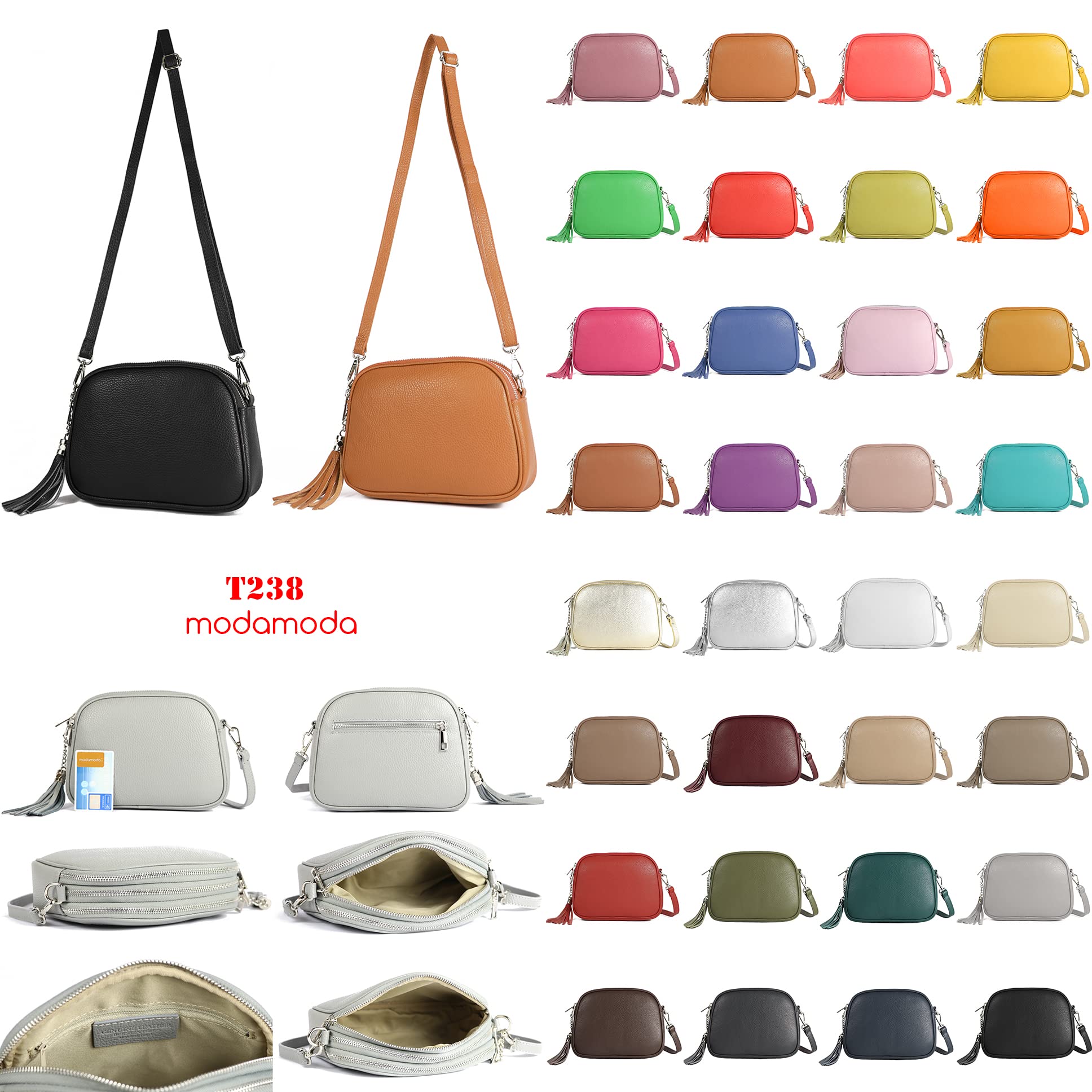 modamoda de - T238 - ital. Damen Umhängetasche Leder Medium, Farbe:Silber-Metallic