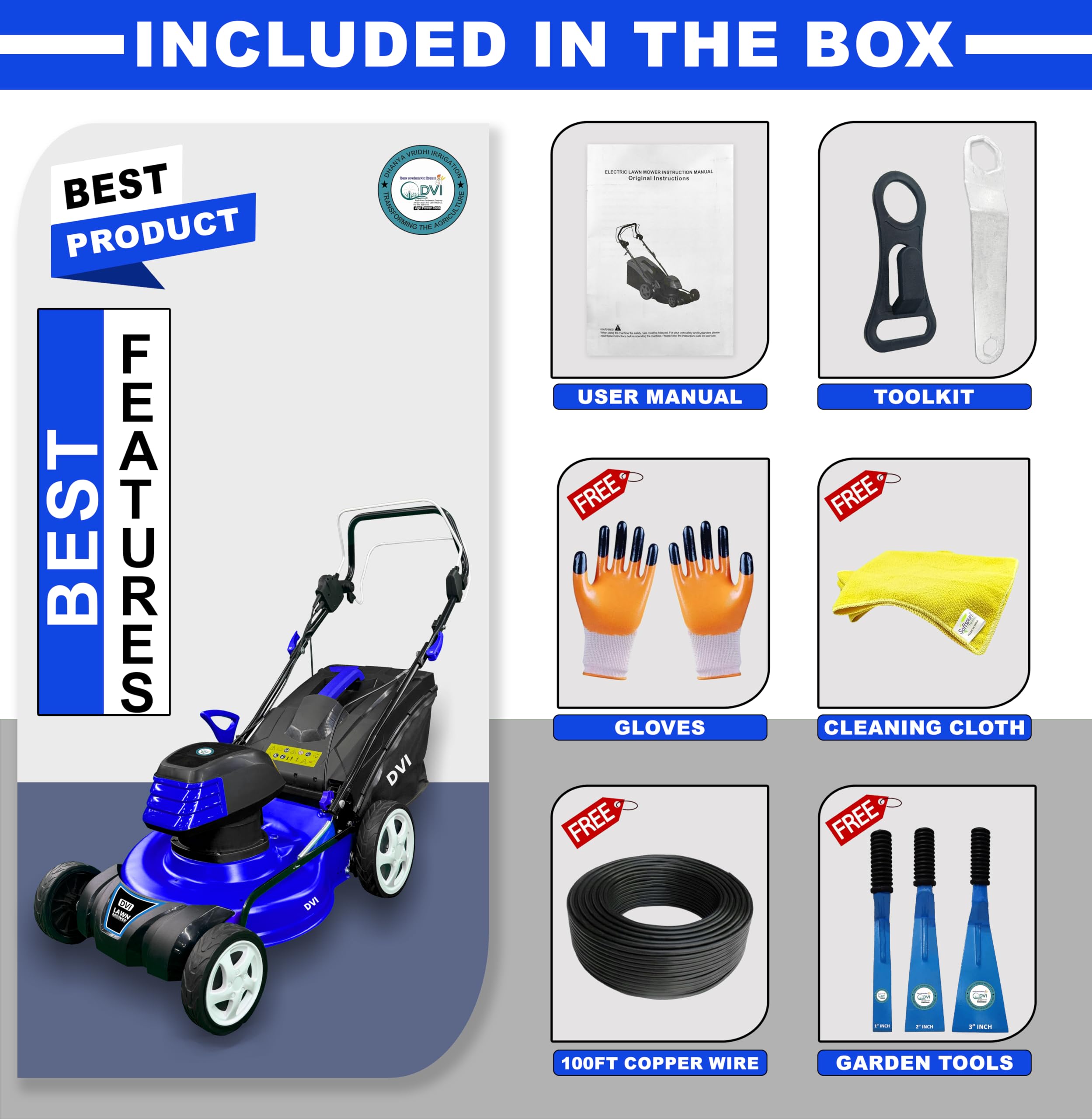 DVI 1800W Electric Lawn Mower 18 Inch Blade with 50L Grass Catcher Box for  Lawn and Garden with 7-Height Position 3000 RPM Cutting Speed with High