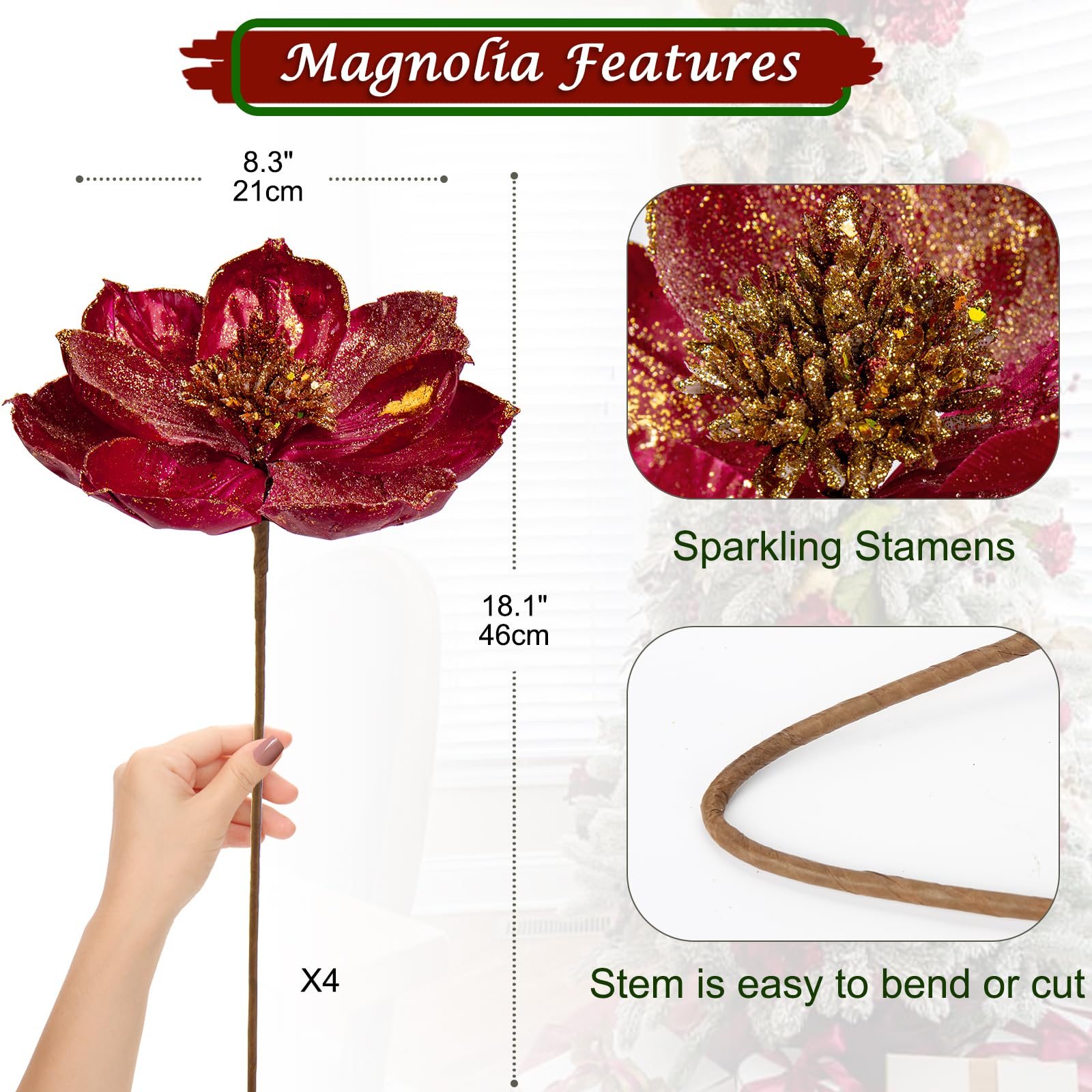 Briful Weihnachtsstern Deko Set - 4 Glitzer Poinsettia Zweige Für Baum & Tisch