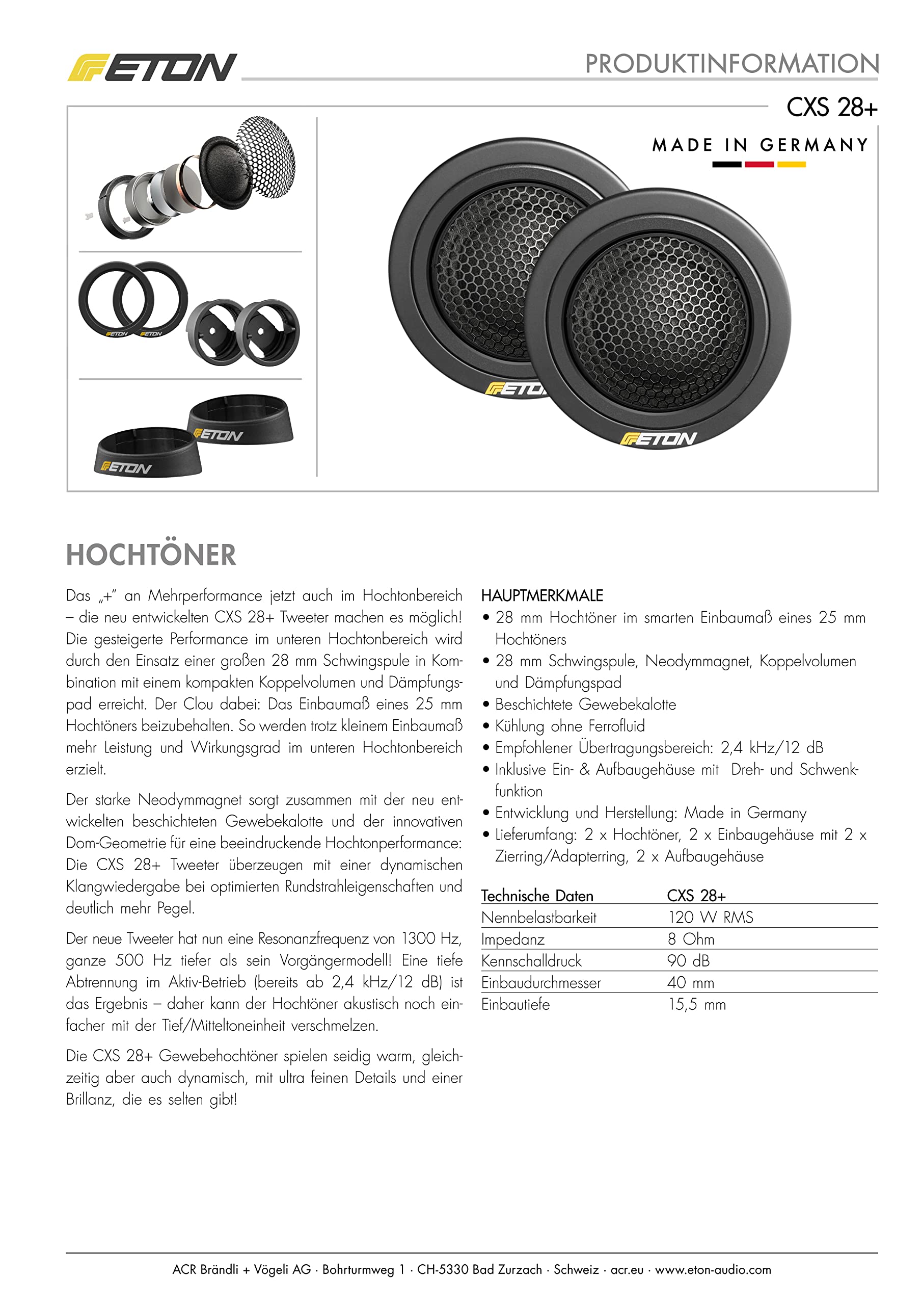 ETON CXS 28+ – hochwertiger 28 mm / 1,1 Zoll Hochtöner, Autolautsprecher mit starkem Neodymmagnet, Tweeter mit Gewebekalotte