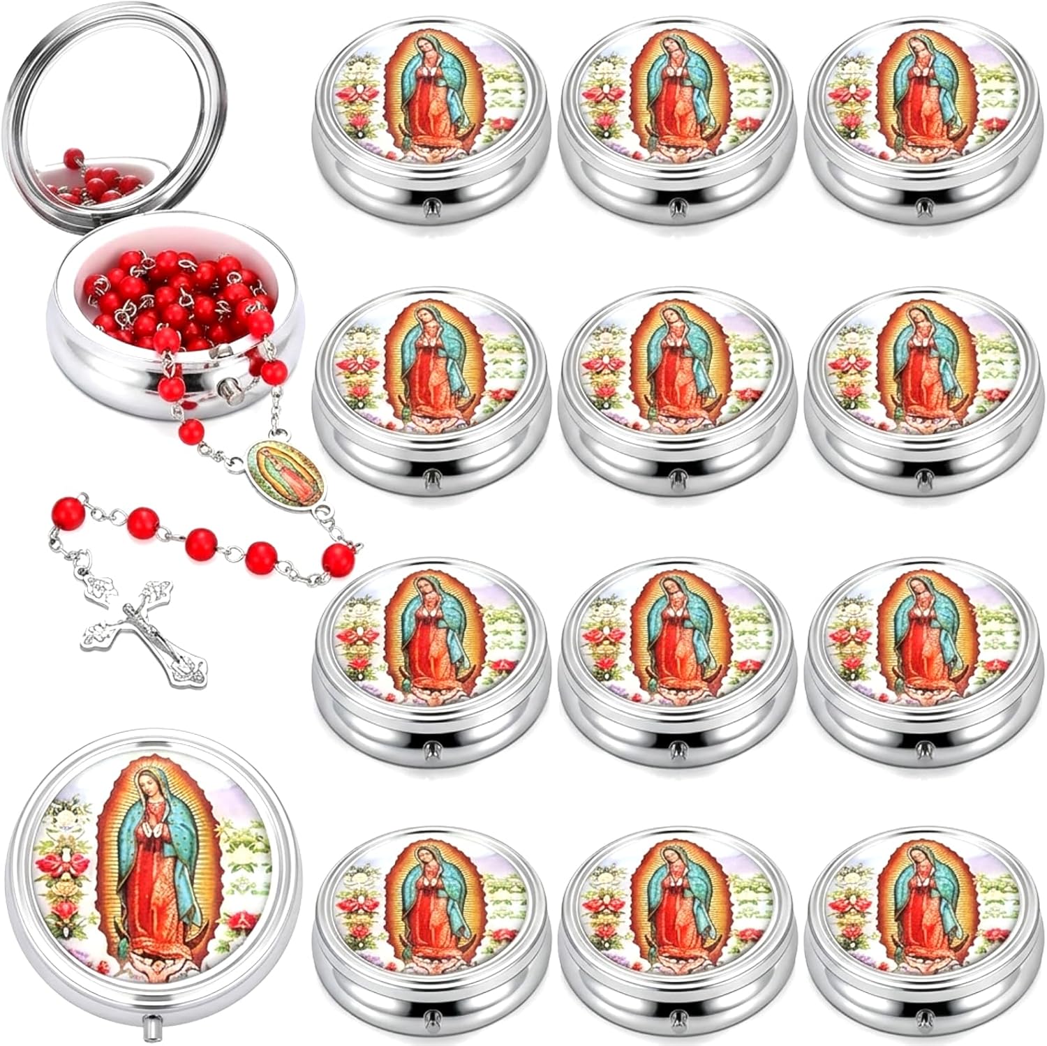 Tondiamo 12 Set First Communion Rose Red Rosary Catholic Bulk Primera Comunion Recuerdos Virgen De Guadalupe Rosary Beads Our Lady of Guadalupe Necklace First Communion Favors with Metallic Box