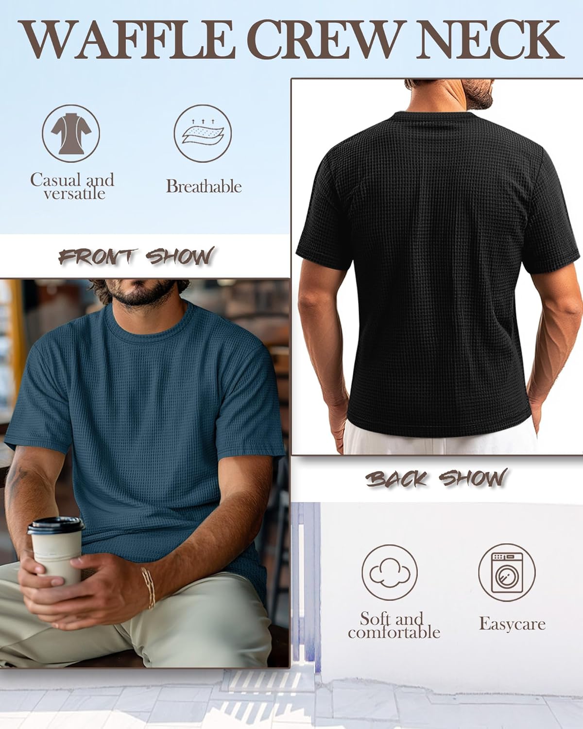 Ficerd 3 Pack Men's Short Sleeve Waffle Knit Shirts, Casual Textured Crew Neck Summer T-Shirts Lightweight Solid Pullover Tee - Image 2