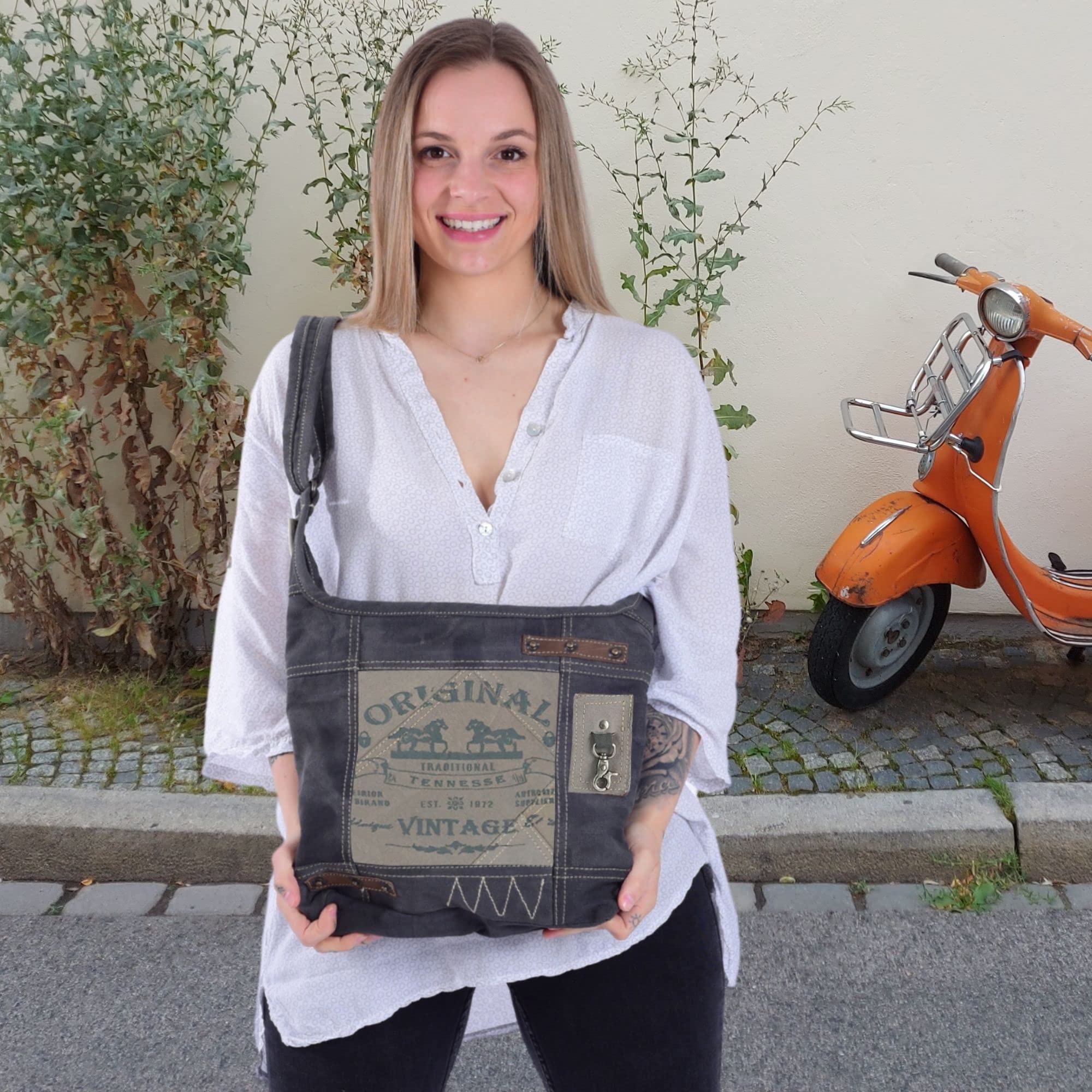 Sunsa Damen Umhängetasche. Hobo Tasche aus Canvas & Leder. Vintage Schultertasche mit Pferde Motive. Crossbody Bag als Geschenkideen für Frauen