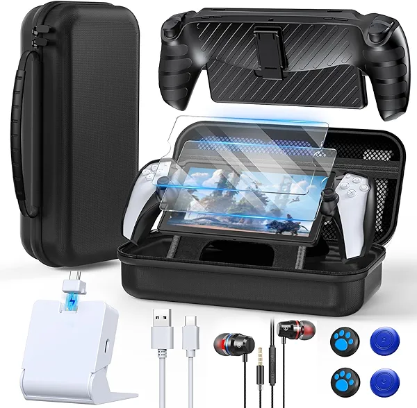 Accessories Kit for Playstation Portal, Carrying Case for PS Portal, Charging Dock Station for Playstation Portal, Protective Skin for PS5 Portal, 2 HD Screen Protector with 4 Thumb Grip,Wired Headset