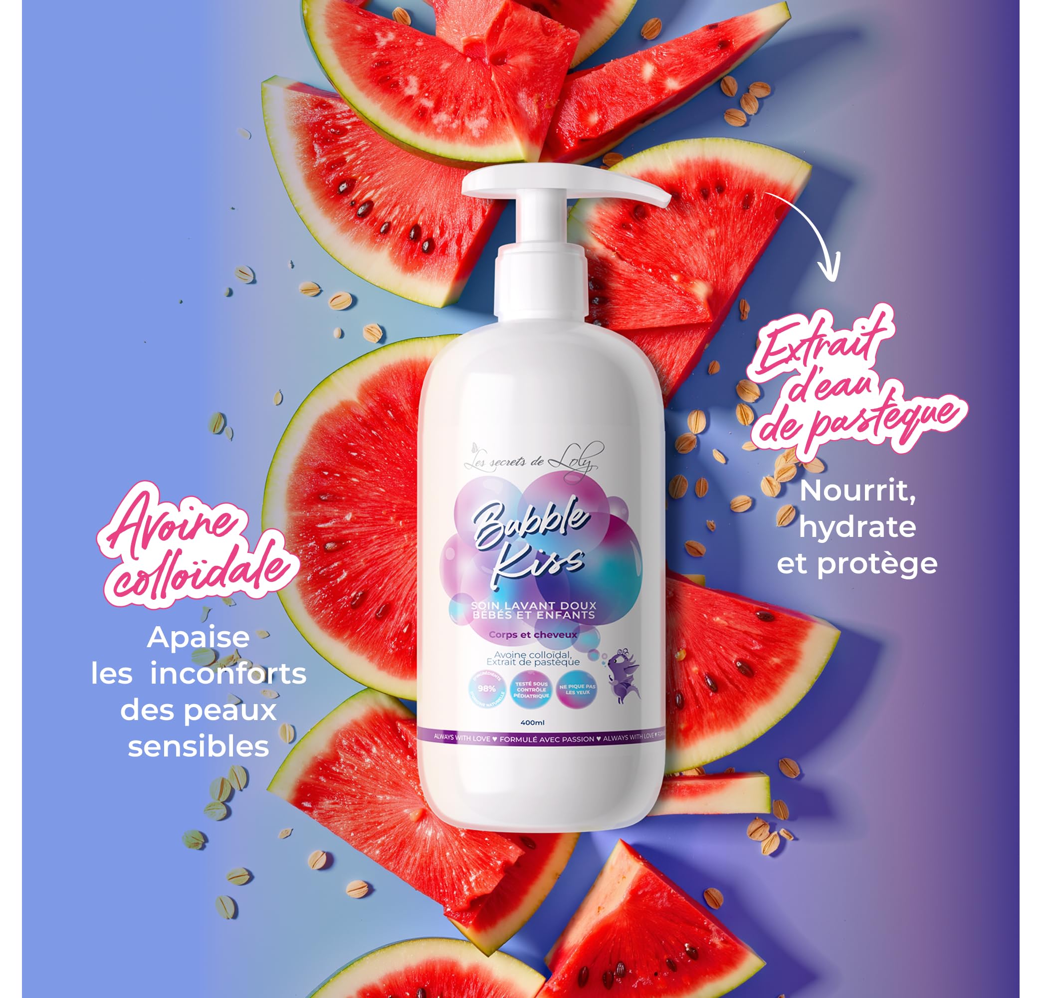Les Secrets de Loly – Bubble Kiss – Soin lavant bébé 2-en-1 corps & cheveux Ultra-doux – Peaux sensibles & cheveux texturés (dès la naissance) – 98% d'origine naturelle – 400 ml
