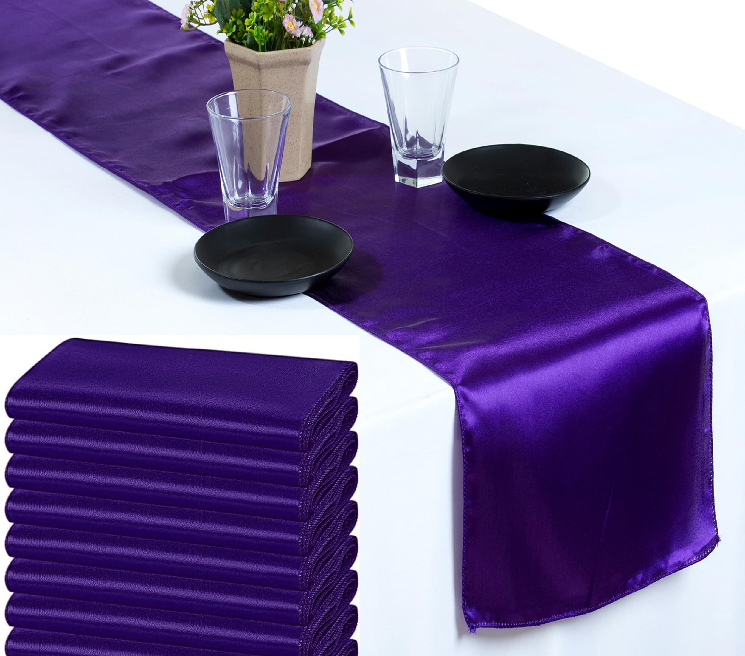 Pack of 25 Satin Table Runners for Wedding & Party Décor 12” x 108”, Smooth Glossy Sateen Fabric Runner, Dining Table Decoration for Reception Banquet & Events Hotel Restaurant - Cadbury Purple