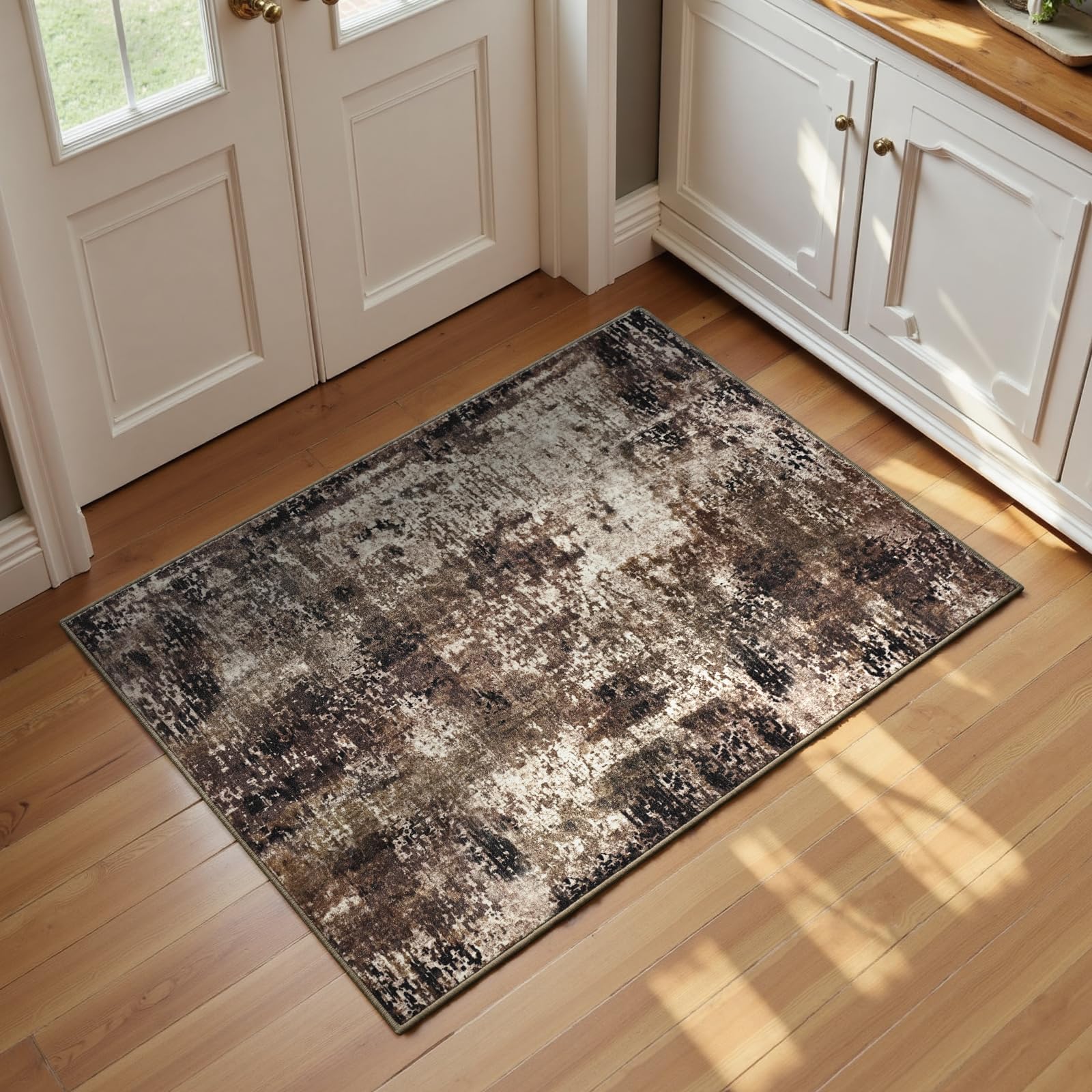 Entrance Rugs Indoor 2x3 Brown Entry Rug Washable Abstract Coffee Small Area Rug Non-Slip Low Pile Throw Rugs for Entryway, Kitchen Floor, Front Door