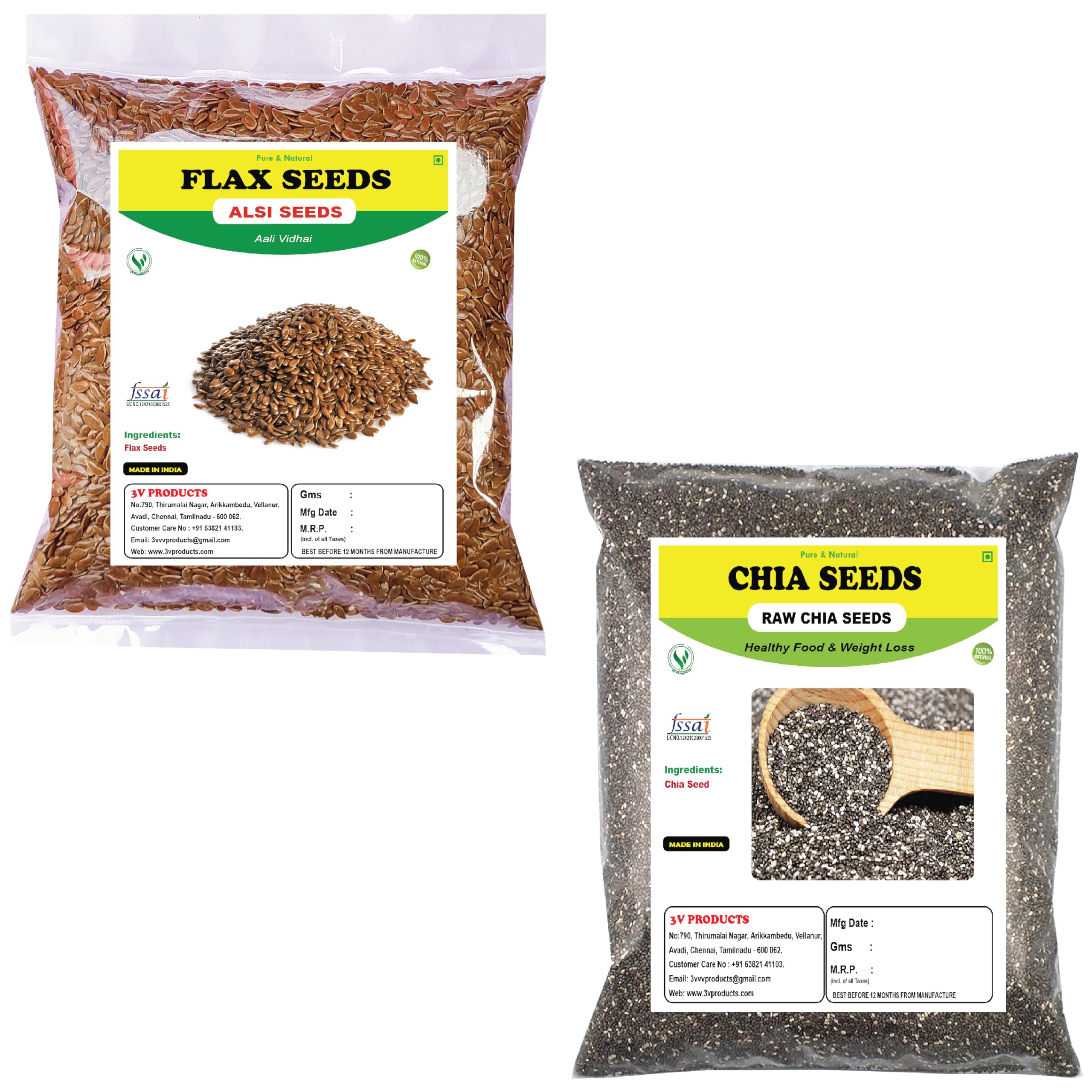 3V PRODUCTS Natural Flax Seeds 50g + Chia Seeds 50g | Superfood for Eating | Weight Loss | Fiber and Omega | Combo Pack (B0D1N2LXW7) Amazon Price History, Amazon Price Tracker