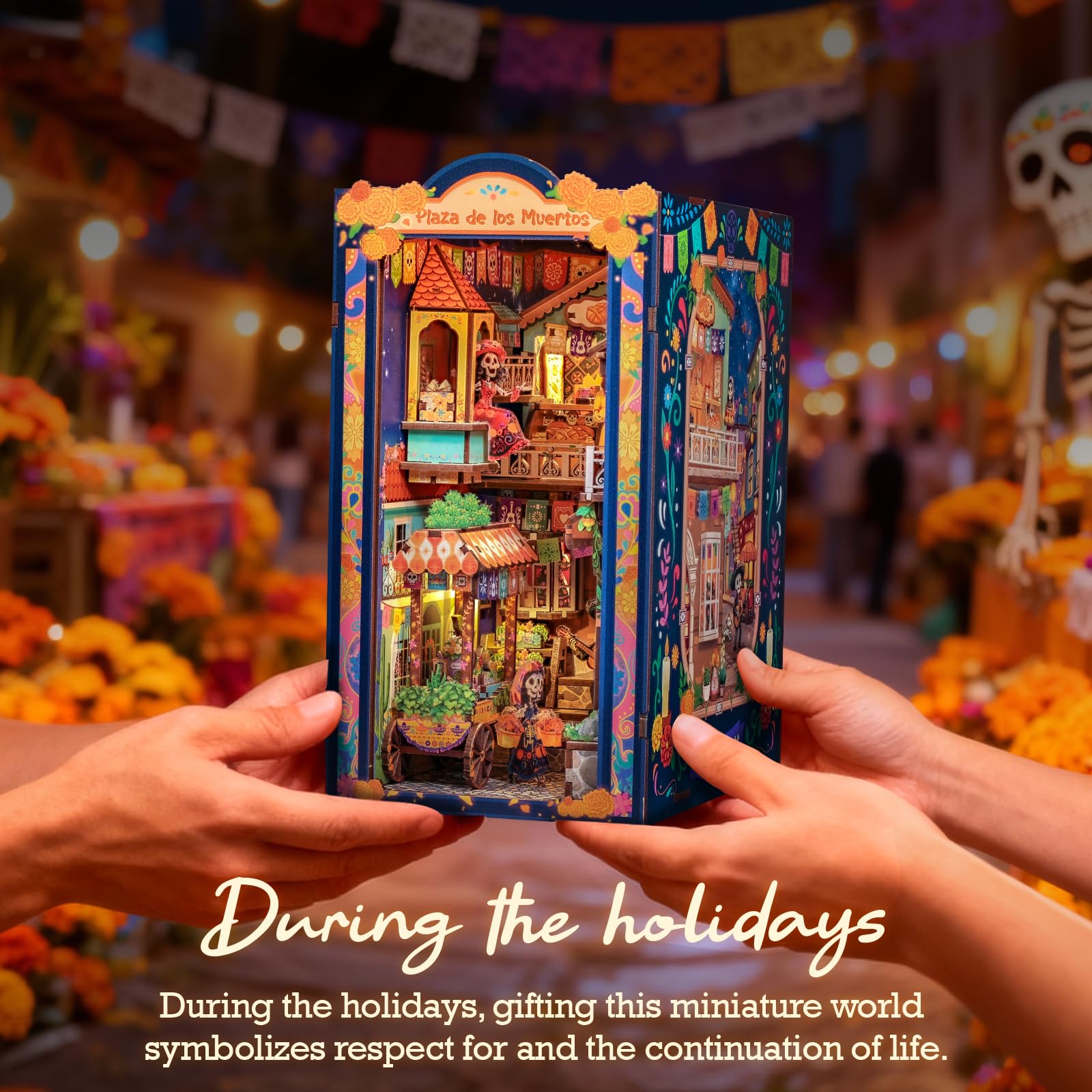 Cutefun Book Nook Kit para Día de Muertos - Kit de casa de muñecas en Miniatura - Kit de construcción de Modelo de decoración de estantería con luz LED, Rompecabezas de Madera 3D, Regalo Decorativo