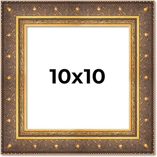 Marco de fotos vintage de madera maciza dorada de 10 x 10 pulgadas, ancho de moldeo de 2.5 pulgadas, marco de fotos de museo de bronce adornado