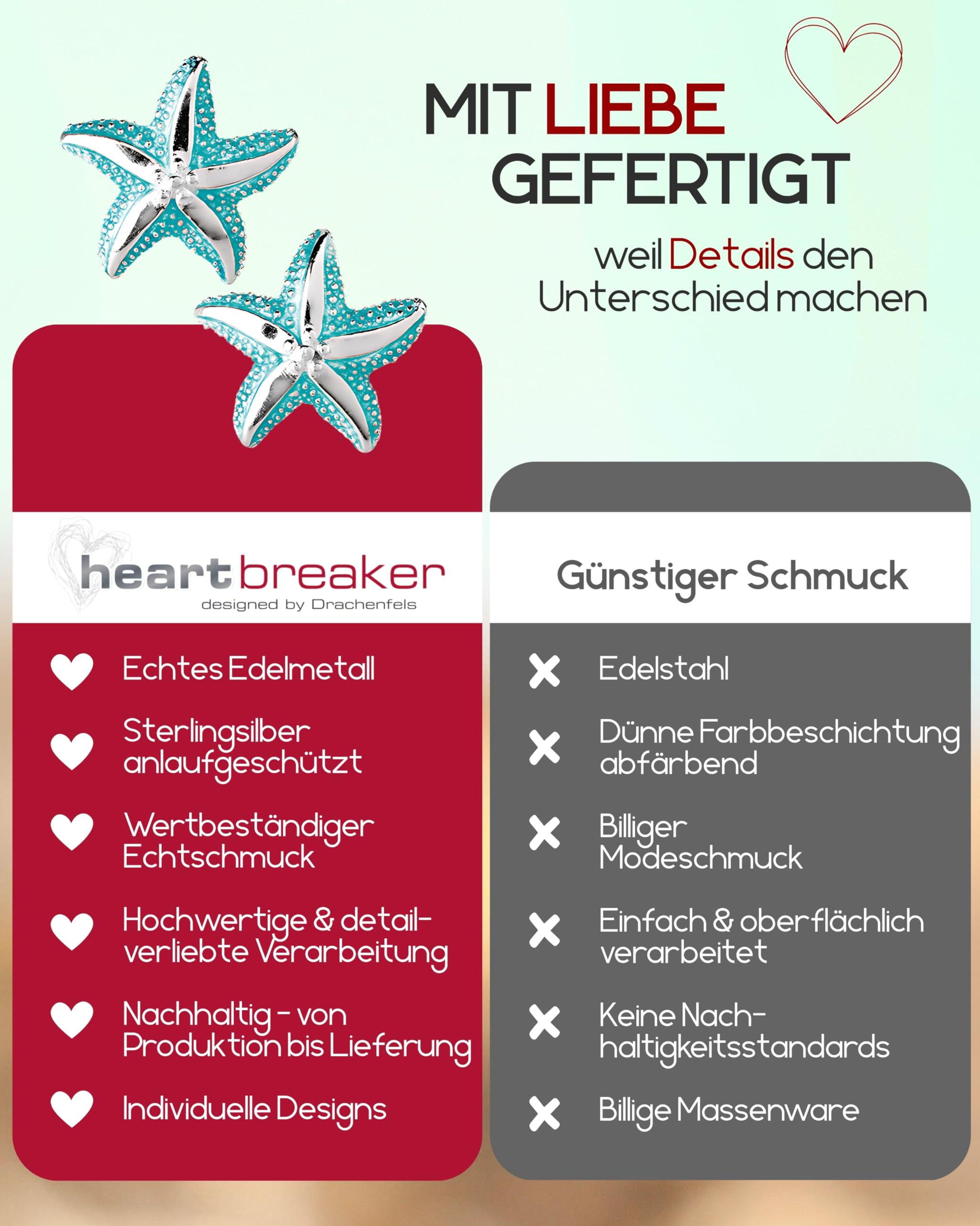 Heartbreaker "Sealife" Seestern-Ohrringe I Edle Ohrstecker aus 925 Sterling Silber I Nickelfreie Damen-Ohrringe mit blauem Brandlack veredelt I In Goldschmiedequalität gefertigt I LD SL 21 BU